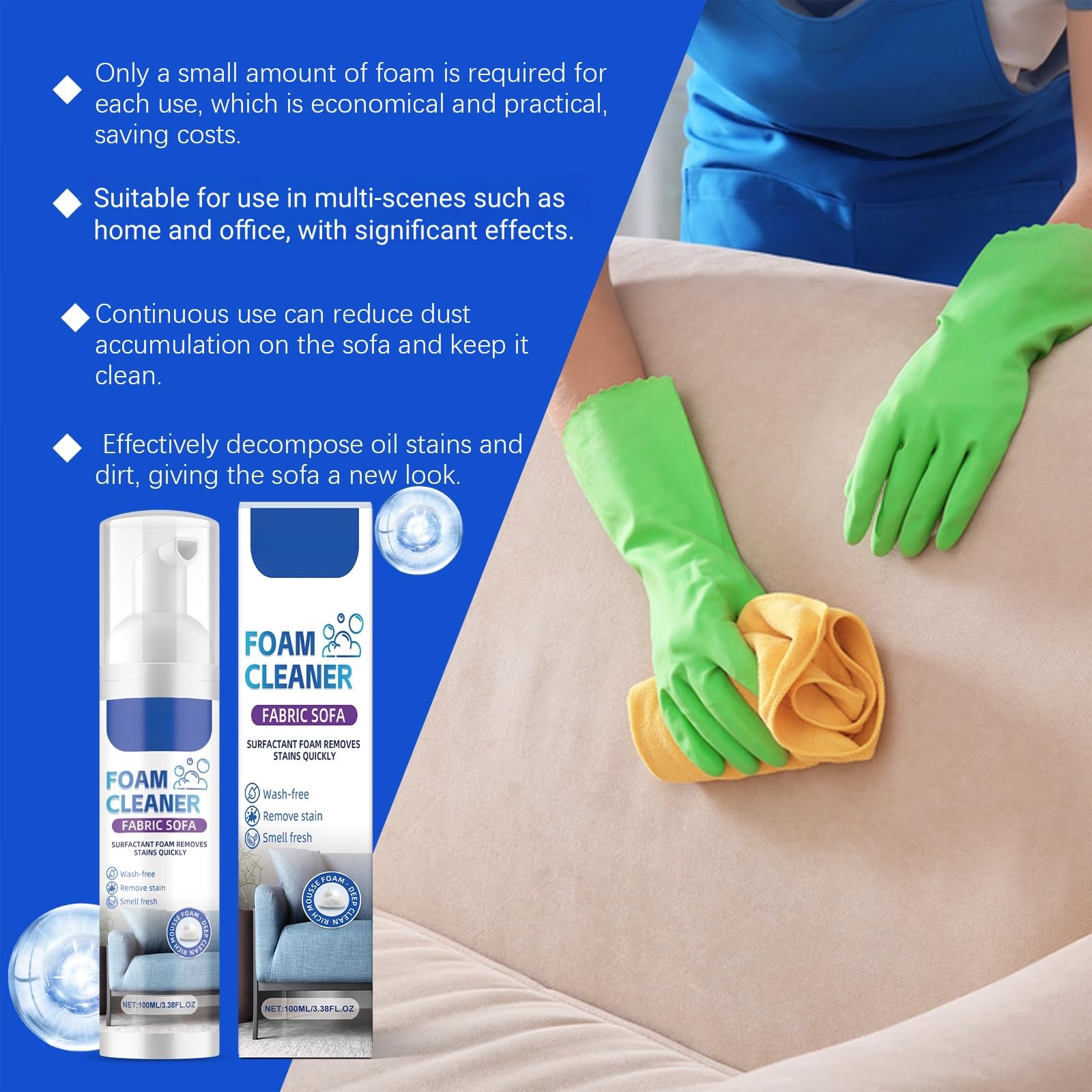Limpiador de espuma para sofá de tela, limpiador de tapicería para muebles, limpieza profunda profesional para interiores del coche, removedor de manchas de espuma multiusos para alfombras, secado