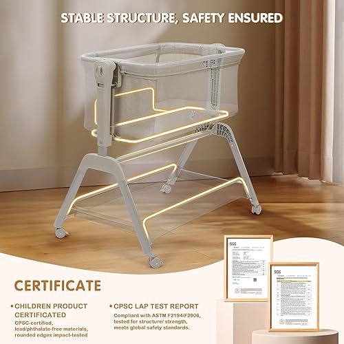 Miniatura 5 de Ezebaby Moisés para bebé, cuna mecedora 3 en 1 con cómodo colchón y ruedas, cuna ajustable de 7 alturas, cuna estable y segura para recién nacido