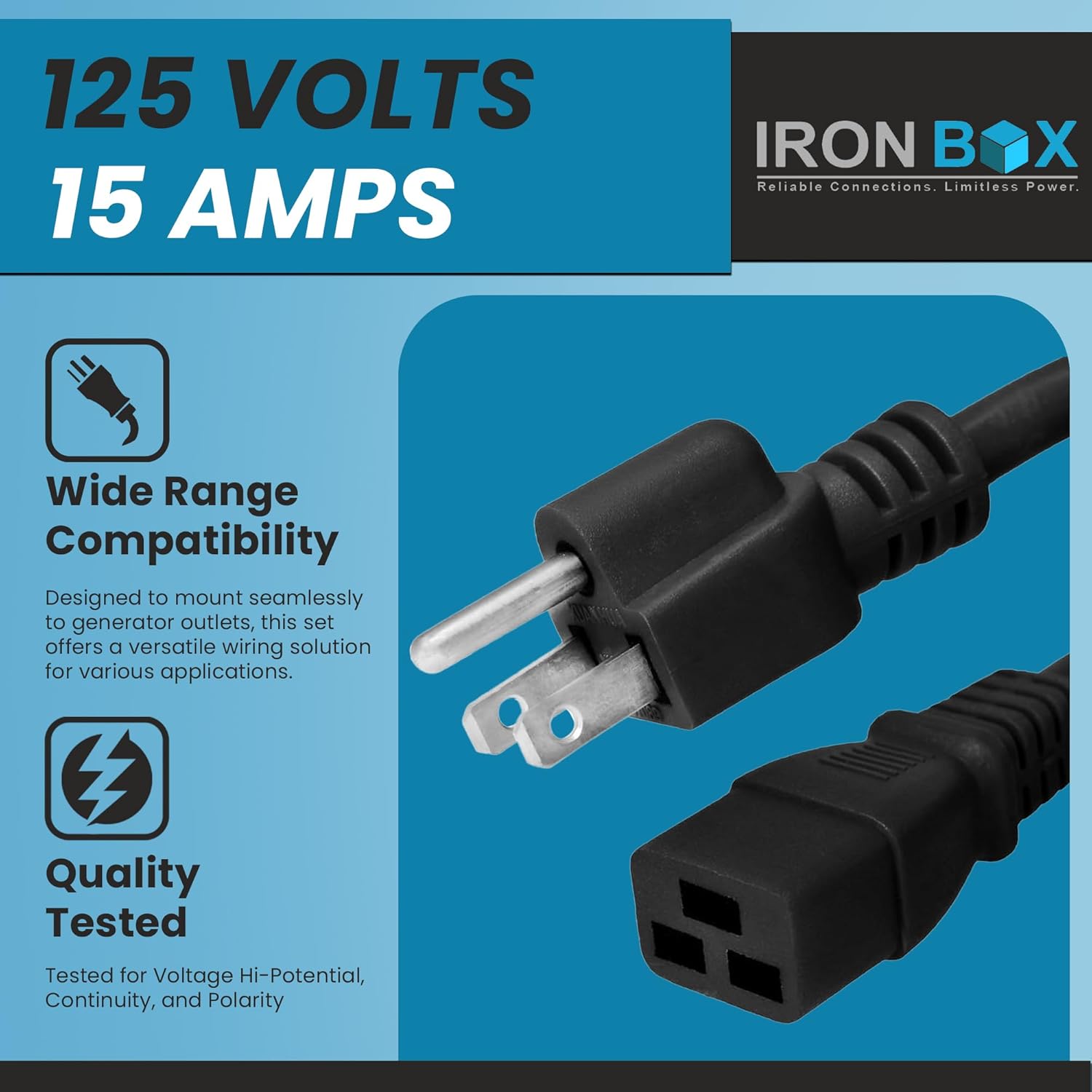 IronBox Electric - Heavy Duty 5-15P to C19 Power Cord - 15A, 125V, 14/3 SJT Jacket - Computer Power Supply Extension Cords - PSU Wire Connectors - Versatile for Home and Office Use(Black, 15 Foot)