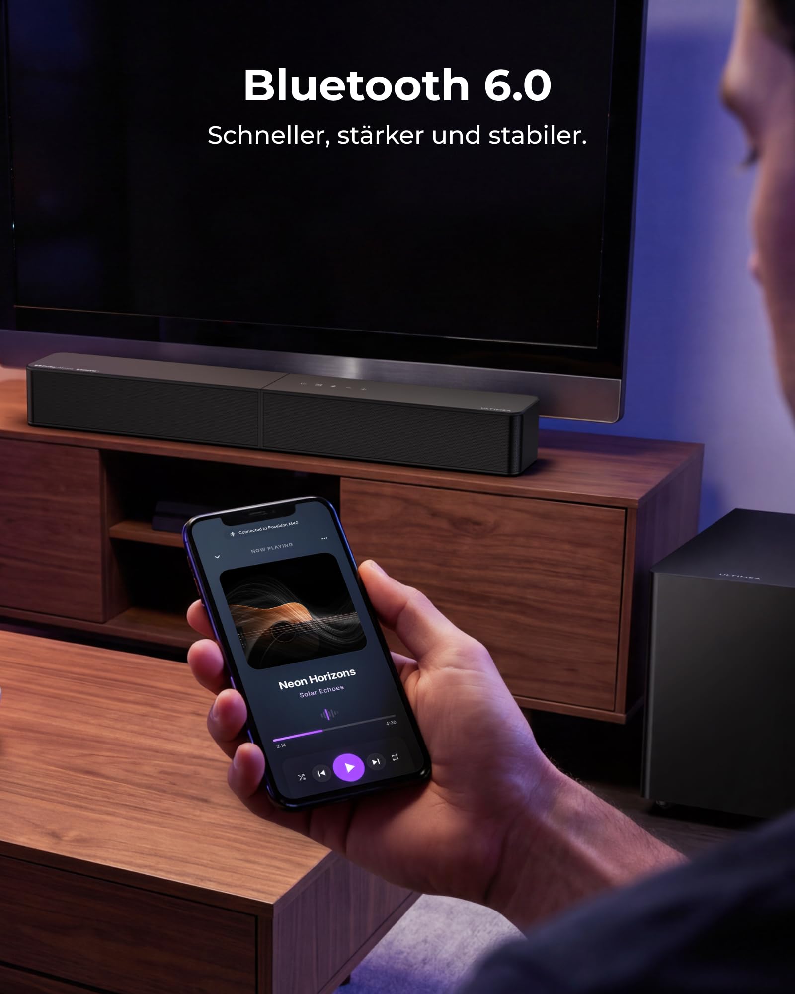 ULTIMEA Dolby Atmos 2.1 Soundbar mit kabellosem Subwoofer, Poseidon M40 | VoiceMX, BassMX, Soundbar für TV Geräte, Center Lautsprecher, 240W Spitzenleistung, App-Steuerung, HDMI eARC, Bluetooth® 6.0