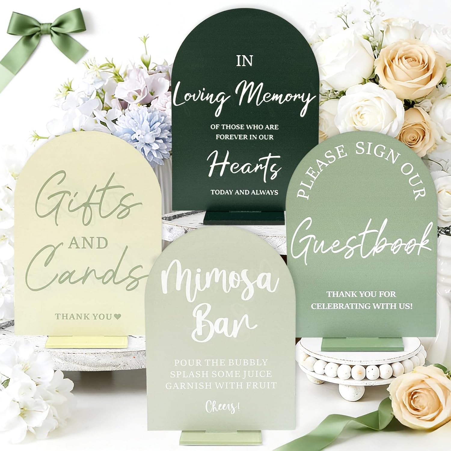 4 Pcs Acrylic Wedding Signs Set for Reception Sage Green Wedding Party Supplies Double Sided Greenery Bridal Shower Signage Decoration Arch Card and Gifts Sign with Stand for Ceremony Table Decorative - Image 8