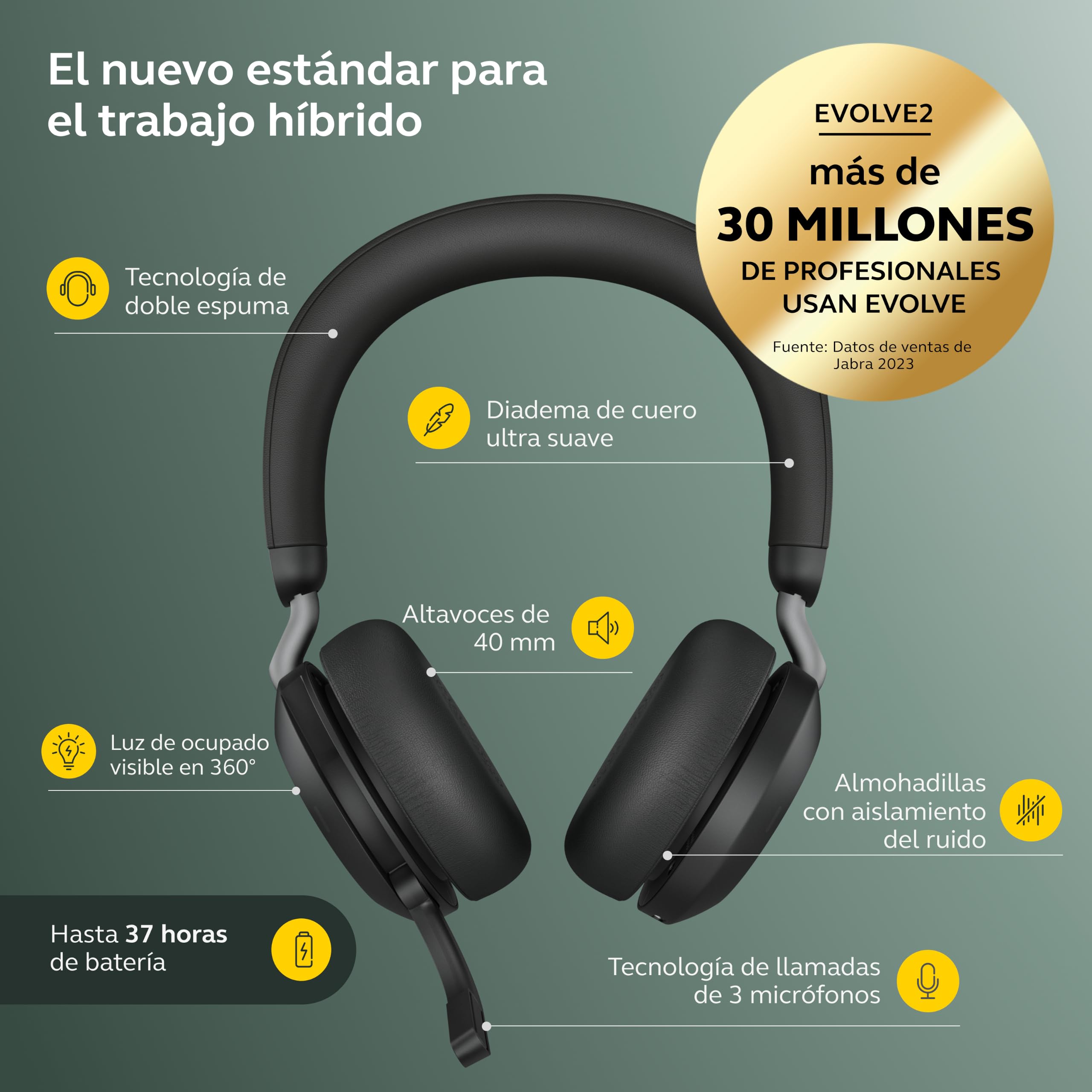 Jabra Evolve2 65 Auriculares Inalámbricos Estéreo PC con Cancelación de Ruido - Certificados para Microsoft Teams - Batería de Larga Duración - Adaptador Bluetooth USB-A - Negro