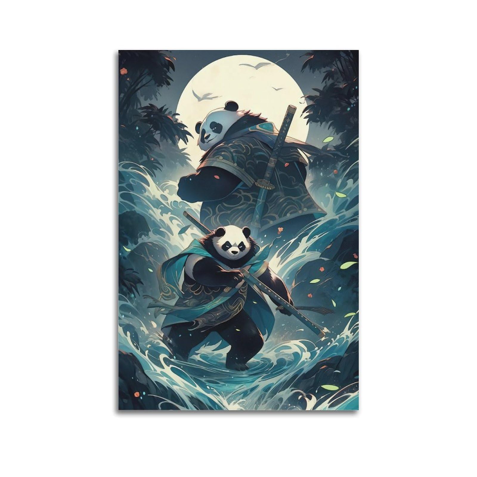 DLJGDS Simplistic Art of Panda Warriors by Moonlit Stream Decorative Painting Canvas Wall Posters And Modern Family Bedroom Decor 24x36inch(60x90cm)