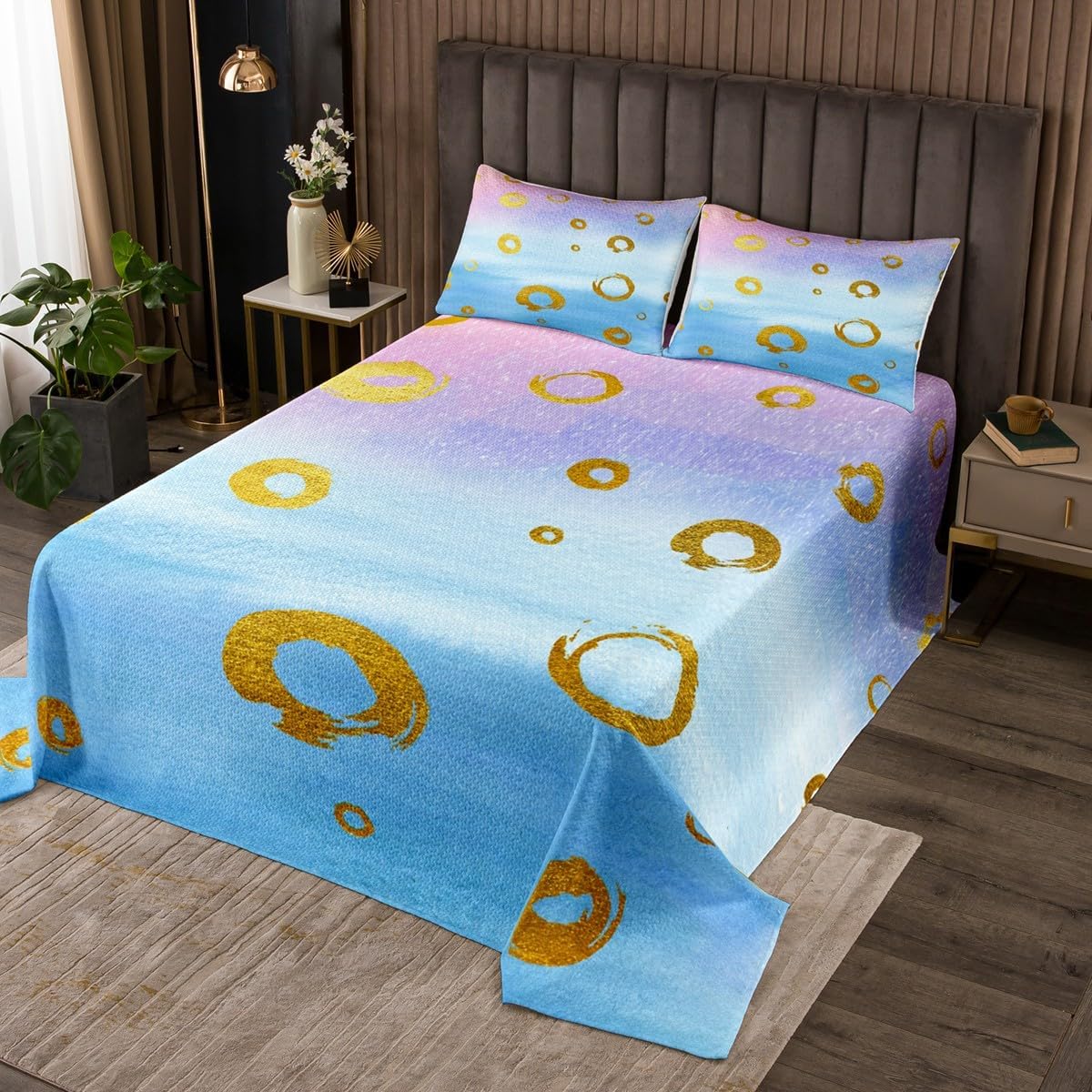 Gold Geometric Circle Bedspread King,Light Purple Pink Lake Blue Gradient Quilted Coverlet 3pcs for Adults Teens Room Decor,Shiny Star Sky Print Soft Breathable Bedding Quilt