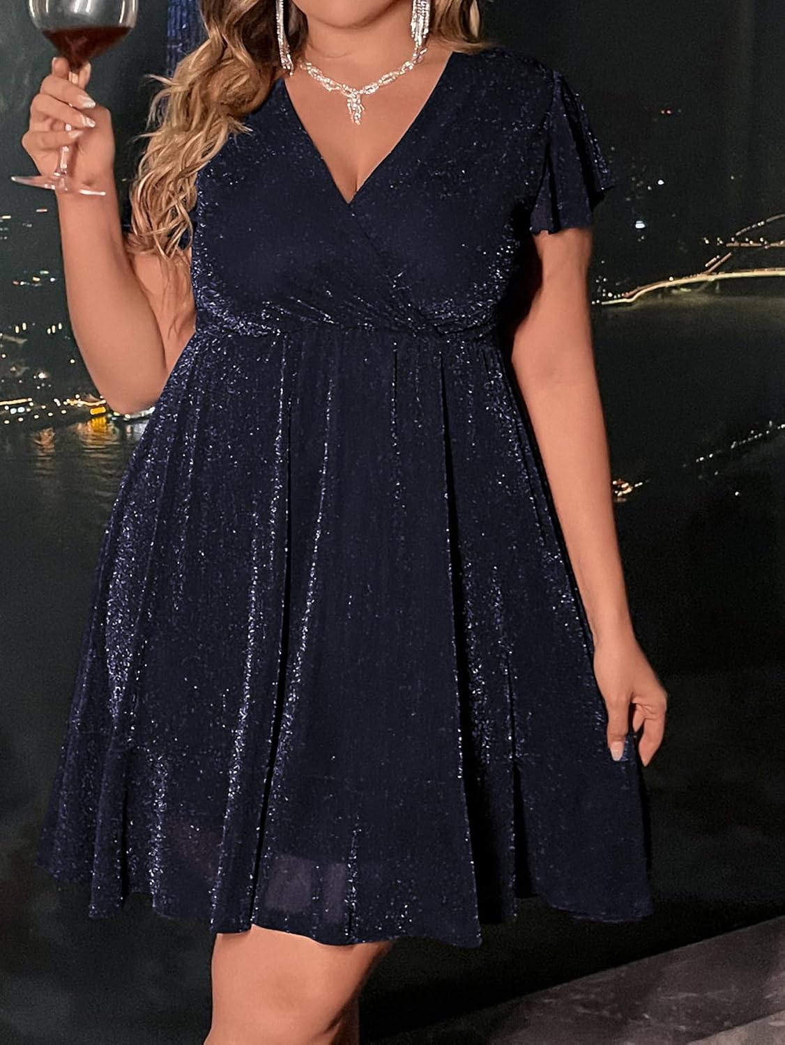 Floerns Women's Plus Size Glitter Wrap V Neck Short Sleeve Party A Line Dress - Image 5