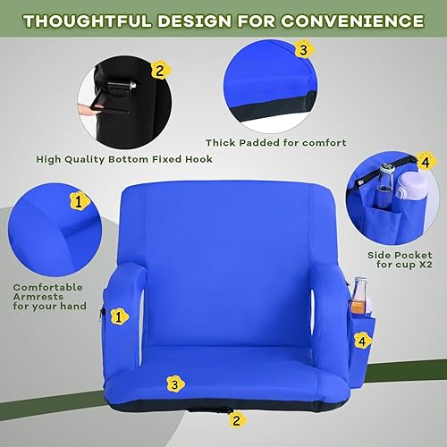 Miniatura 5 de Asientos de estadio para gradas, 3 ajustes de calor, respaldo y cojín de asiento con soporte, silla plegable portátil para estadio con 6