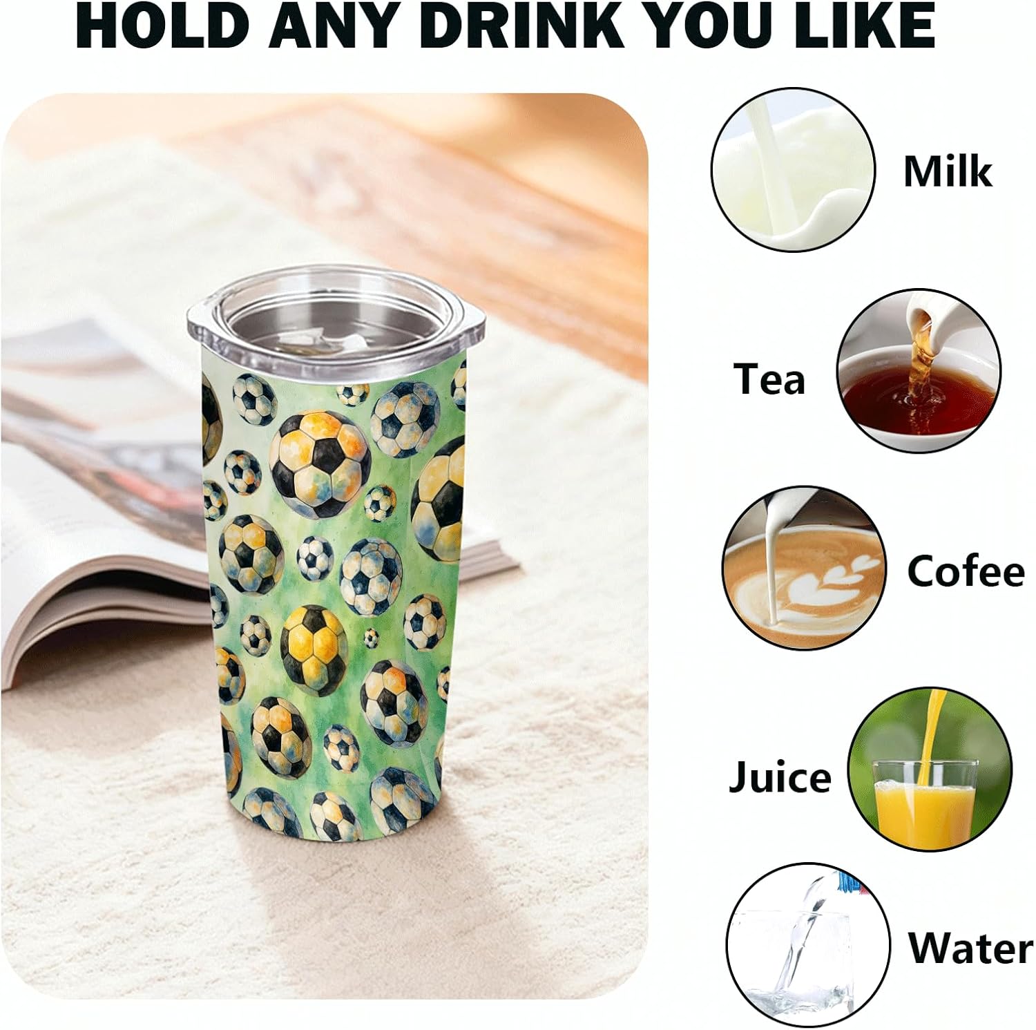Soccer Tumbler 20 oz Vacuum Insulated Stainless Steel Skinny Travel Mug with Straw, BPA-Free Slide Lid, Watercolor Ball Pattern, Sweat-Free, Cup Holder Friendly Gift for Soccer Lovers - Image 5