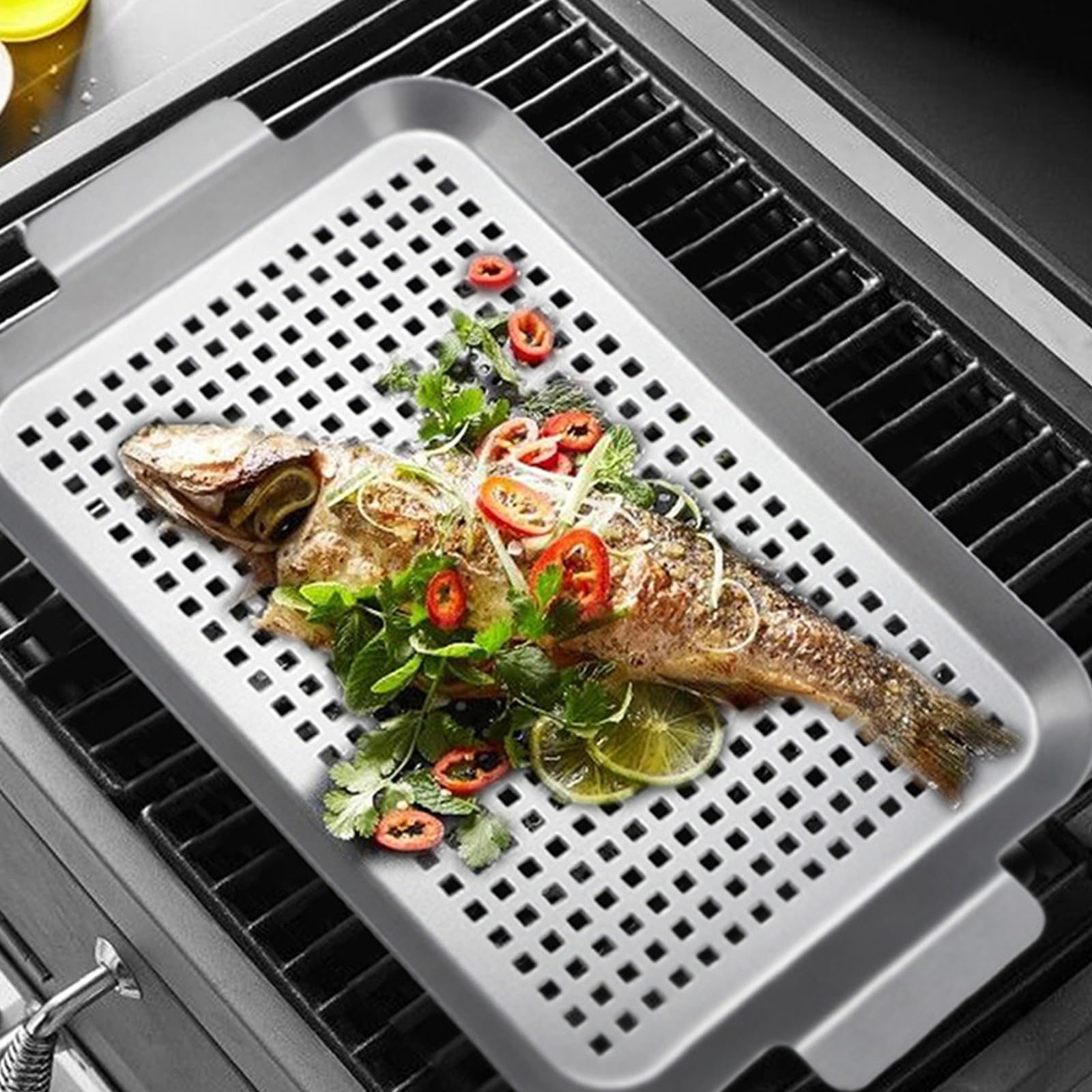 Parrilla de acero inoxidable con diseño perforado y mango, perfectas para asar veterinarios y accesorios de barbacoa de pescado para cocinar al aire libre