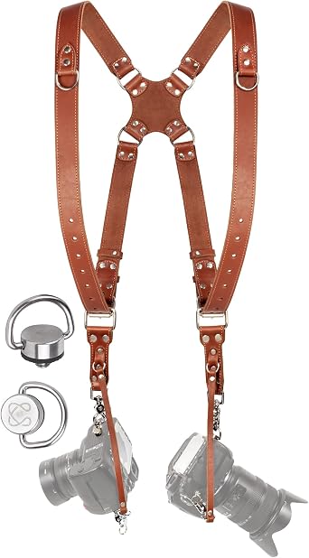 C Coiro Camera Strap Accessory for 2 Cameras - Dual Shoulder Leather Harness - Multi-Camera Gear for DSLR SLR Strap