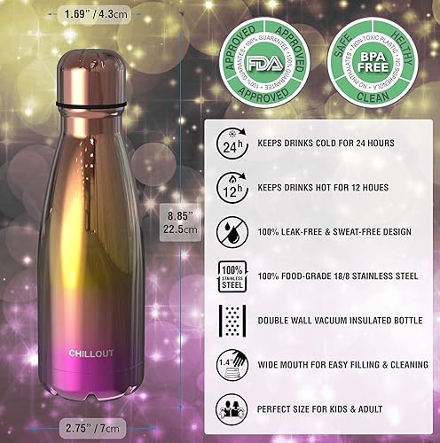 Miniatura 3 de CHILLOUT LIFE - Botella de agua infantil. de acero inoxidable para la escuela, con aislamiento de doble pared, en forma de botella de refresco,