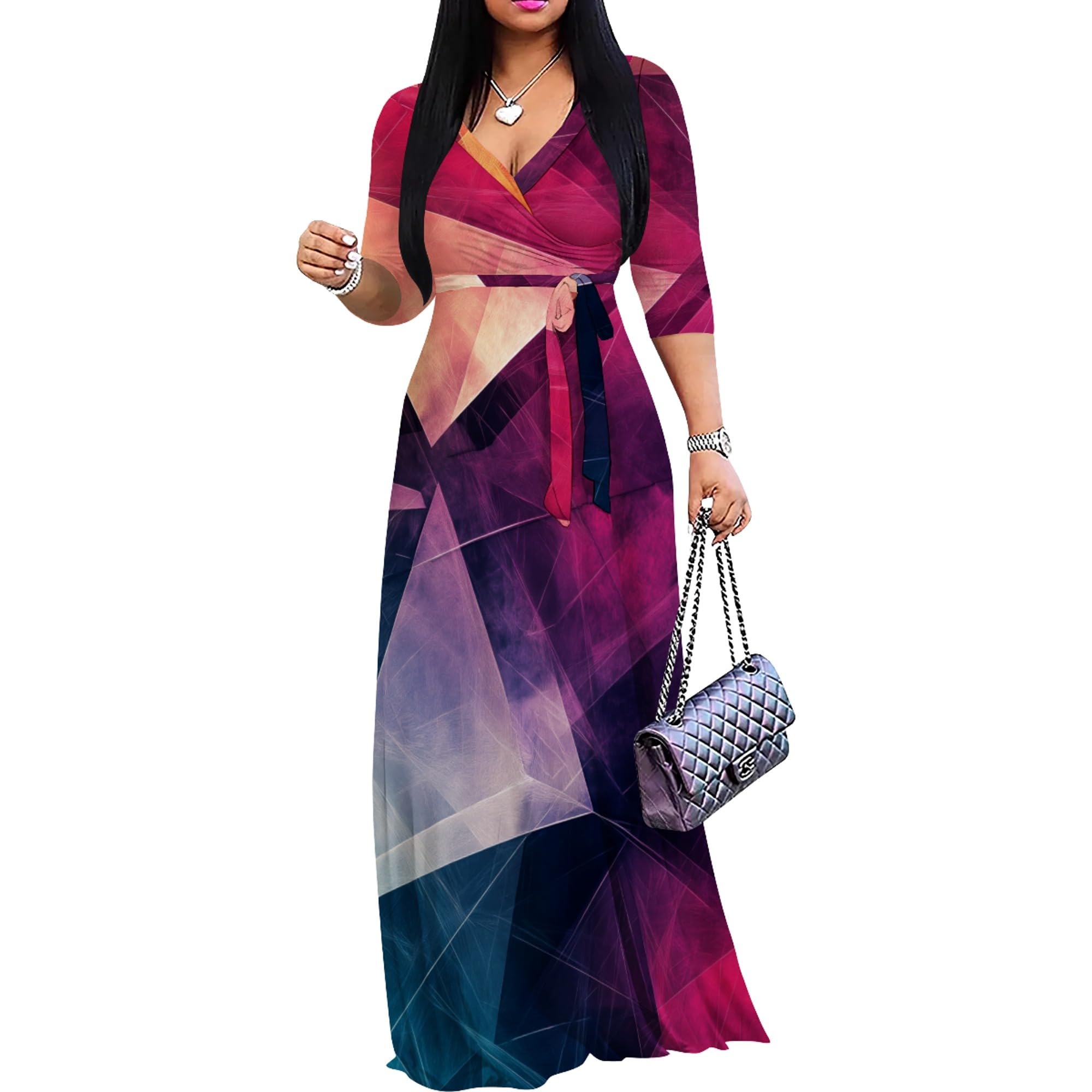 PinkPatty Women's Plus Size Maxi Dresses Casual Flowy 3/4 Sleeves Dress Printed Vacation Dress for Daily Wear with Belt