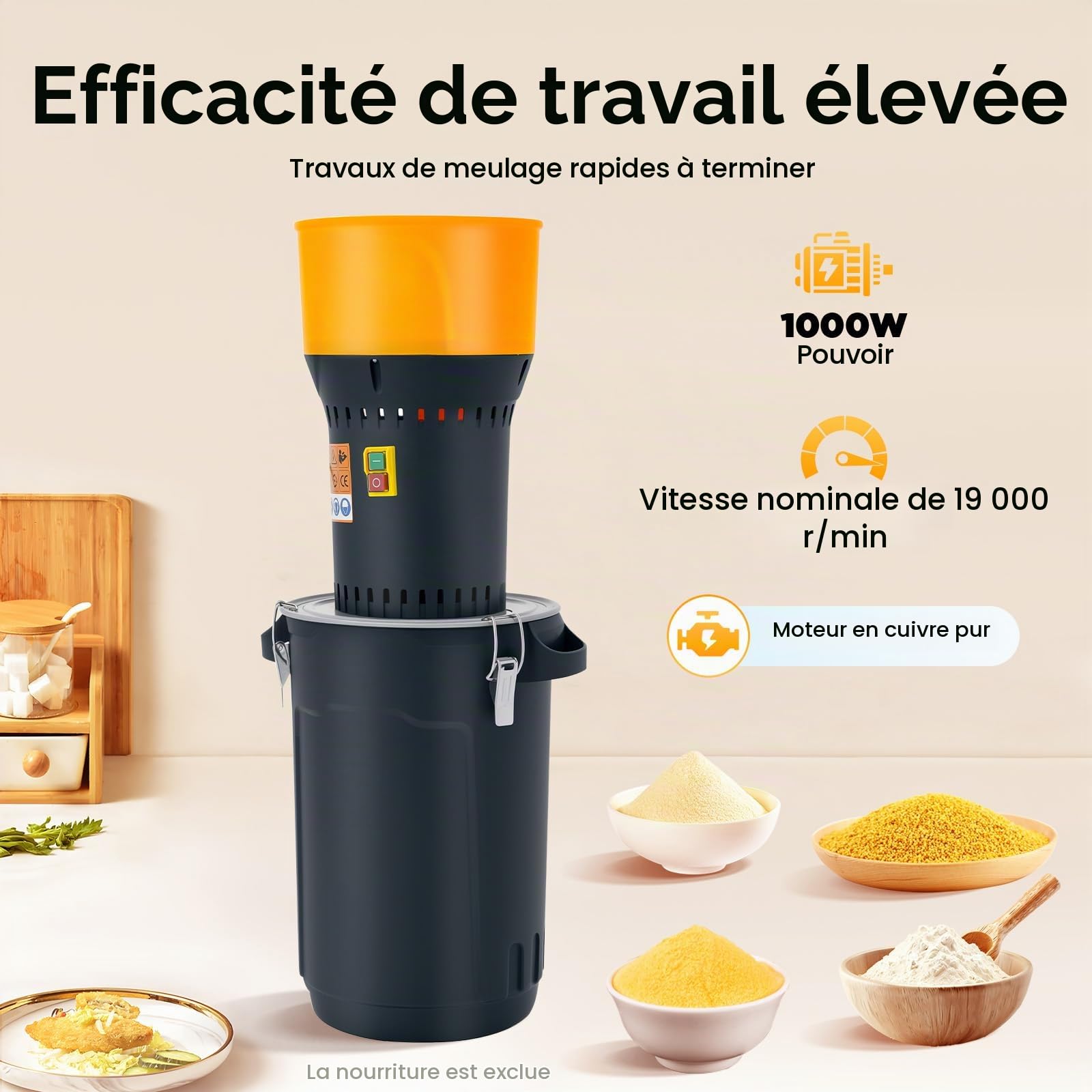 Moulin à Grains Broyeur TêTe Humide à Sec Entonnoir Farine Epices Electrique A Cereales Haute Vitesse Broyage Herbes éPices Concasseur MaïS SéChéS Blé Riz Sorgho Maison Restaurant