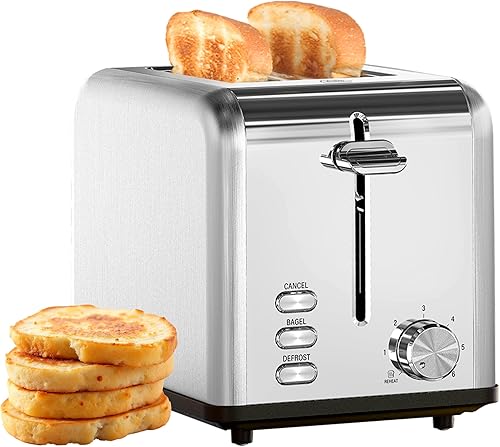 Miniatura 8 de Simple Deluxe Tostadora de 2 rebanadas, 6 ajustes de tostado y tostadora de acero inoxidable de 3 funciones, ranura extra ancha y bandeja extraíble