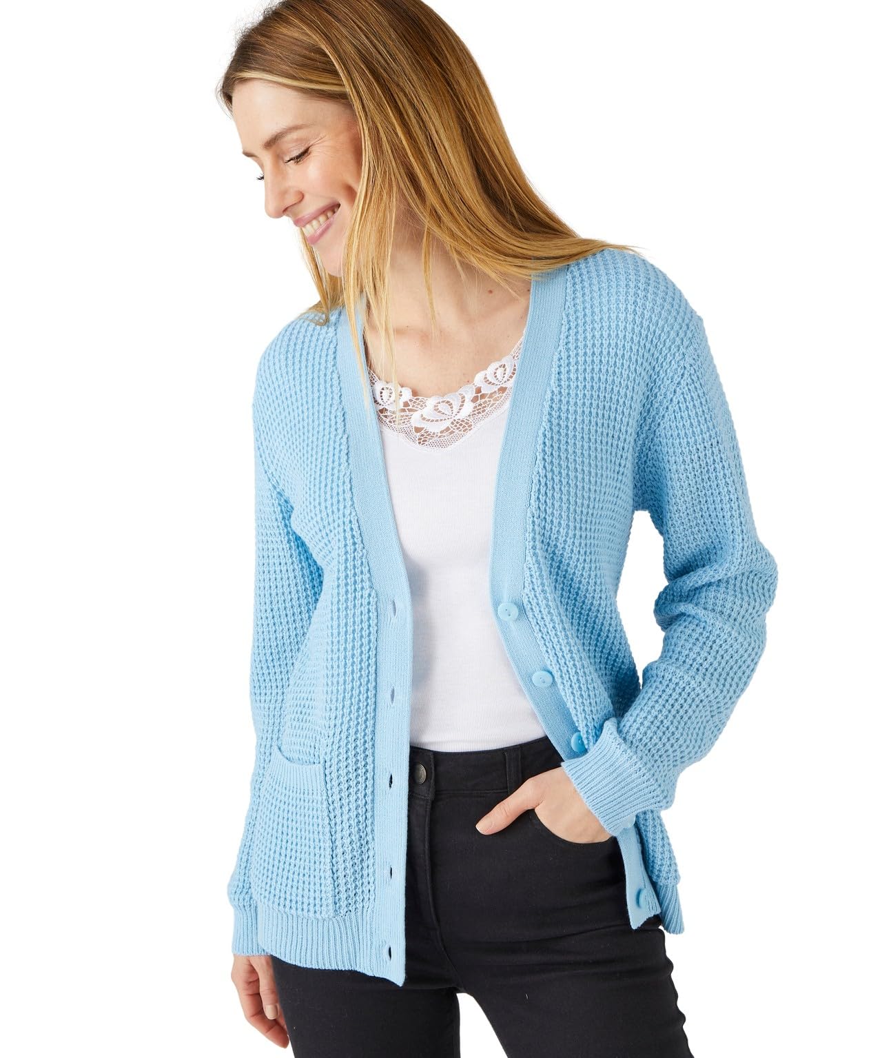 Damart Waffle Cardigan Women V Neck Long Sleeves