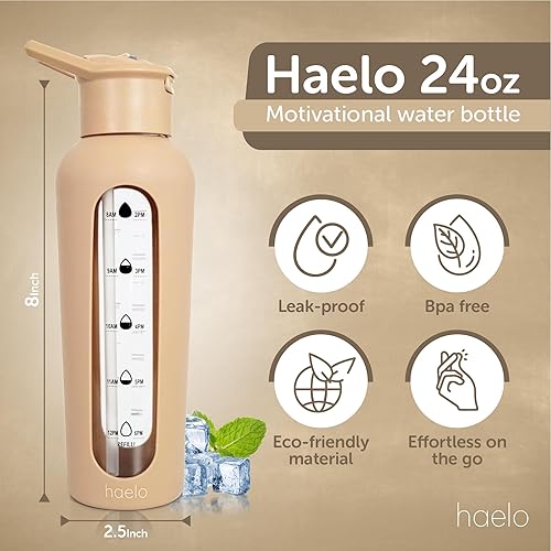 Miniatura 5 de haelo Botella de agua motivacional de vidrio de 24 onzas con tapa abatible, pajilla, funda protectora de silicona, asa, reutilizable, sin BPA (negro)