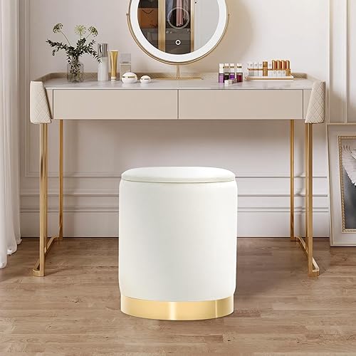 Miniatura 9 de Otomana redonda con almacenamiento juego de 2, otomanas tapizadas de terciopelo, taburete de tocador, otomanas multifuncionales, mesa de café,