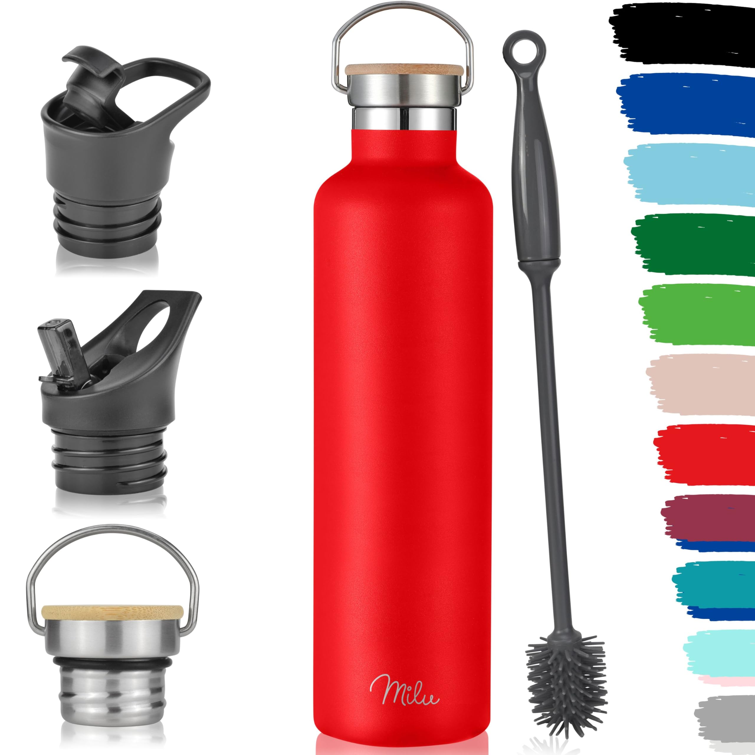 Milu Red Stainless Steel Drinking Bottle 350Ml, 500Ml, 750Ml, 1L (+3 Lids) - Thermo Bottle With Straw, Water Bottle, For Hot, Cold & Carbonated Drinks (, 1000Ml)
