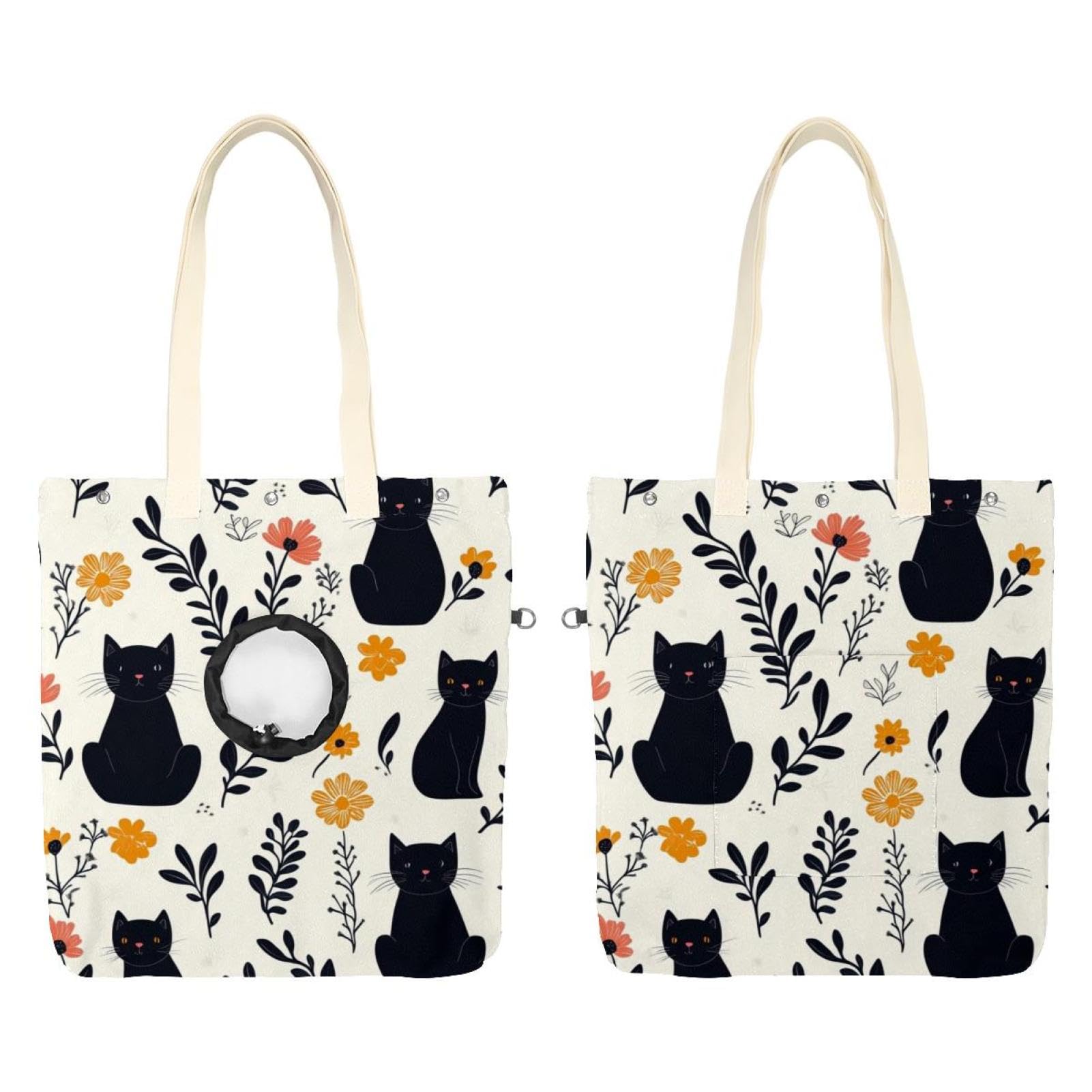 Bolsa de hombro de lona para mascotas: pasea con tu gato negro y flores