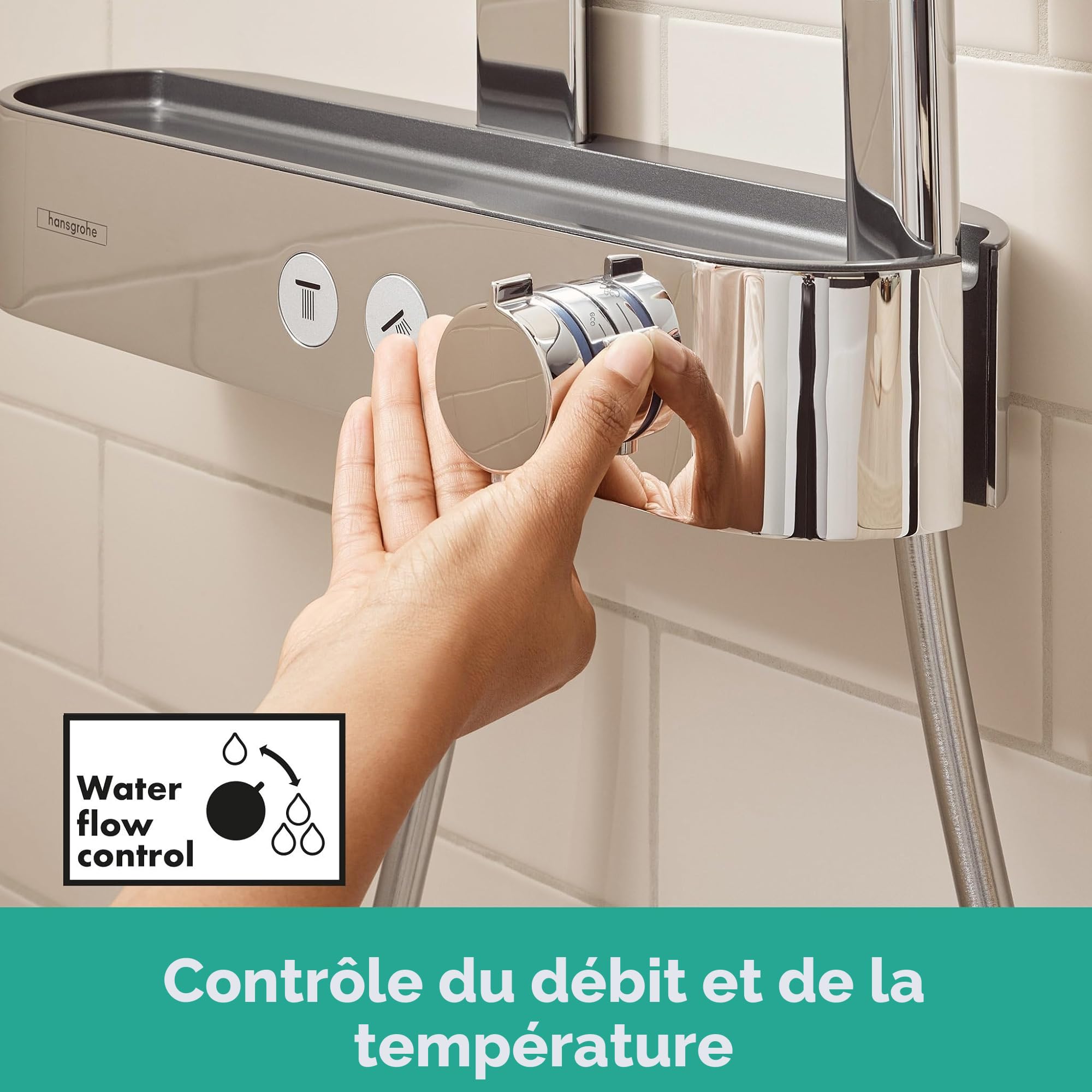 hansgrohe Pulsify S - Colonne de douche économie d'eau (EcoSmart) avec mitigeur thermostatique, douche pluie (⌀ 260mm), douchette (3 jets), support, flexible de douche, barre et douche de tête, Chromé