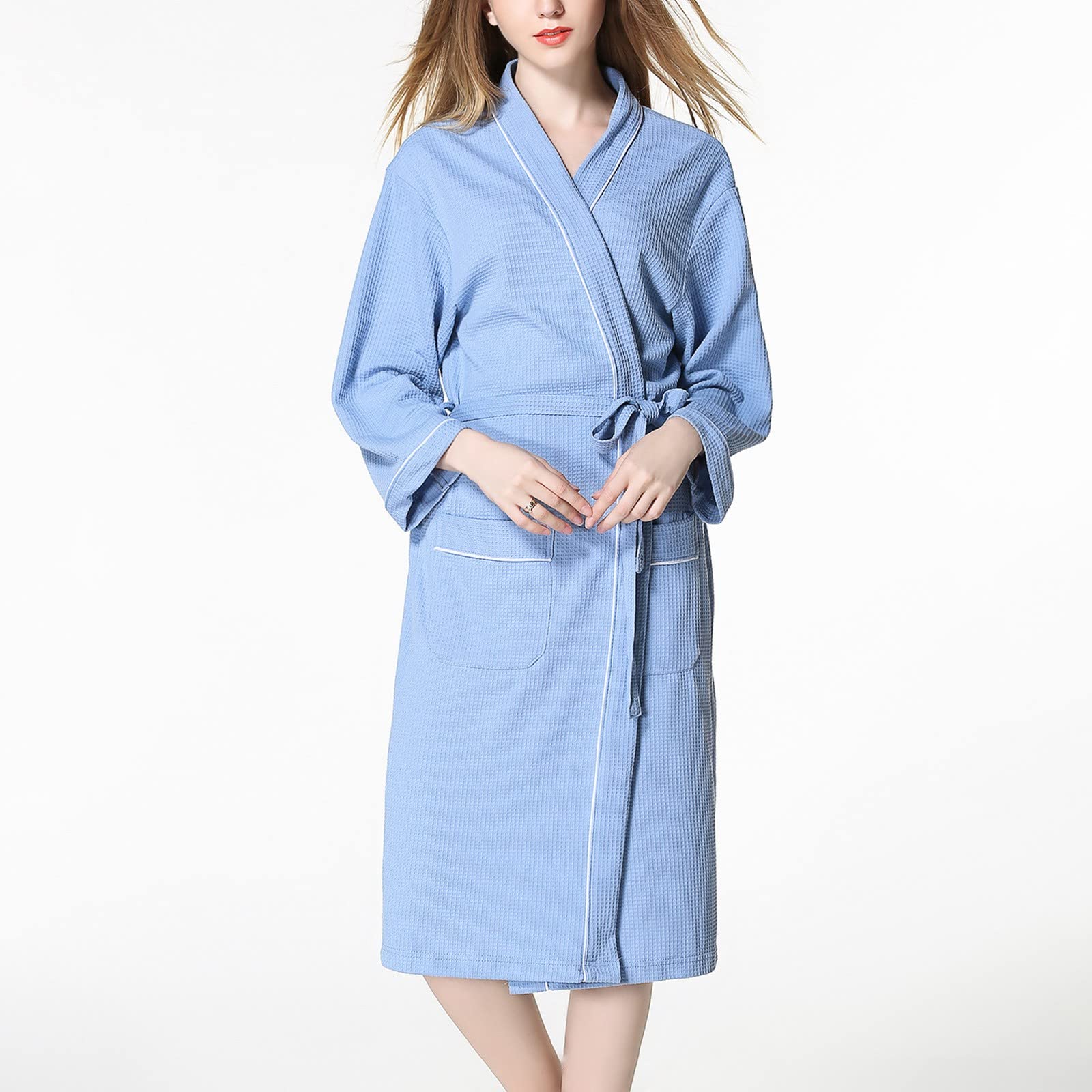 Generisch Accappatoio da donna lungo, in maglia, leggero e morbido, per ore di relax a casa, abbigliamento elegante con cintura, tessuto facile da pulire (azzurro, M)
