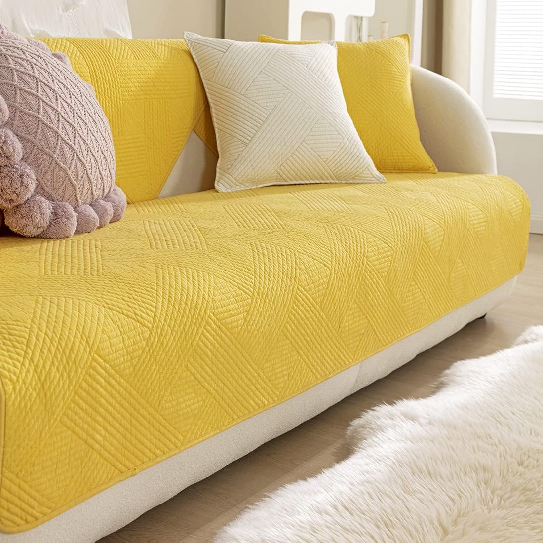 vctops Weave Stripe Sofa Cover Solid Color Cotton Quilted Sectional Couch Covers Geometric Pattern Non Slip Sofa Slipcover Super Soft Furniture Protector for Dogs, Children, Pets (Yellow,28"x70")