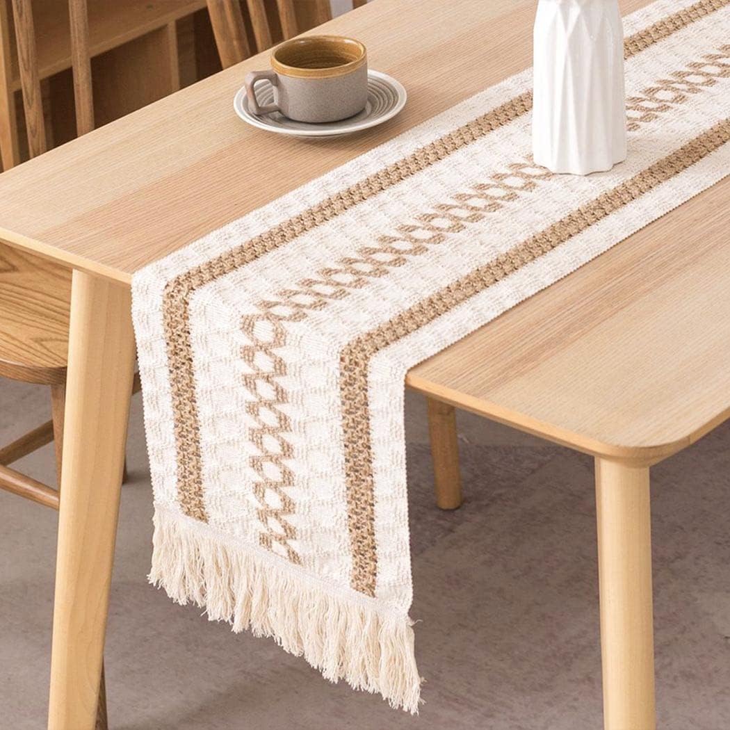 Table Runner 12 x 70 inch Farmhouse Style, Vintage Cotton Linen Macrame Table Runner with Handmade Tassels for Bohemian Rustic Wedding Bridal Shower Home Dining Table Decor