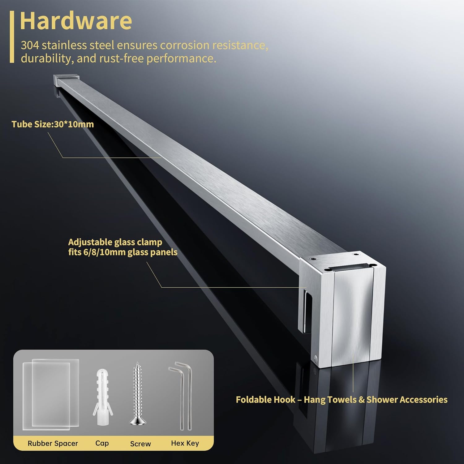 Shower Glass Support Bar, Stainless Steel Shower Door Support Arm with Foldable Hook, Adjustable Support Rod for 1/4"-3/8" Door, Cut-to-Fit for Various Spaces (Brushed Nickel, 39.37'' (1000mm)) Brushed Nickel 39.37'' (1000mm)