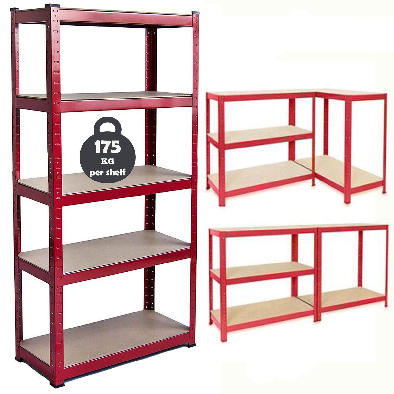 Feidak 5 Tier Boltless Shelving Unit for Garage Home Modern Design Metal Shelf with Solid MDF Wood Boards – Heavy Duty 875kg Total Capacity/175kg Per Shelf Racking (150x70x30cm) - Red