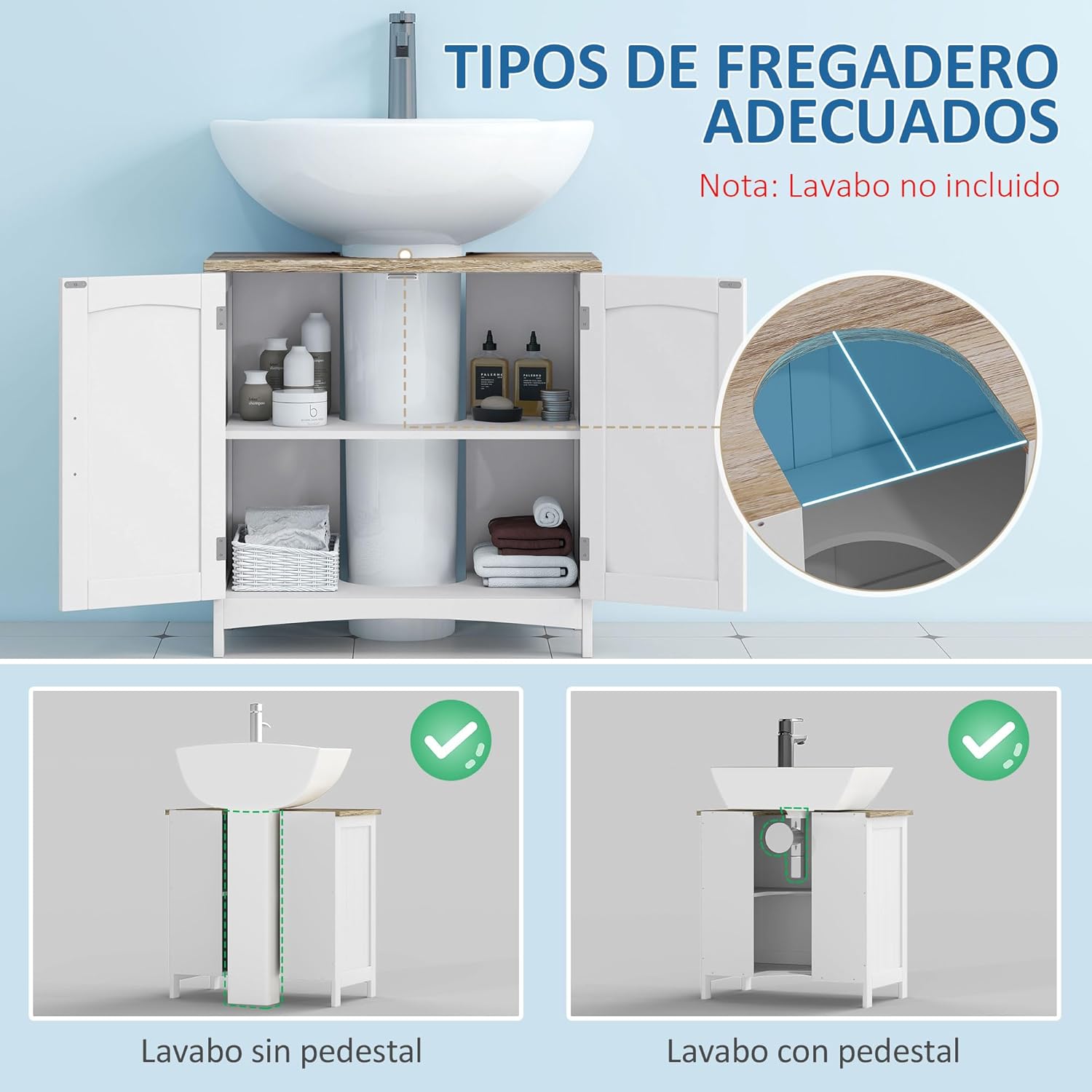Diagram illustrating suitable sink types for the cabinet, showing compatibility with both pedestal and non-pedestal sinks due to the U-shaped cutout.