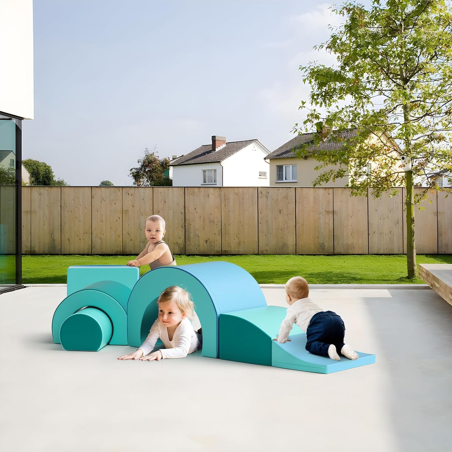 5-teiliges weiches Baby-Krabbelset mit Tunnel und Rutsche, Motorikspielzeug ab 1 Jahr, bunte Bausteine (Schnecken-Design) aus hochdichtem Schaumstoff, sicher und leicht, fördert Kreativität & Bewegung