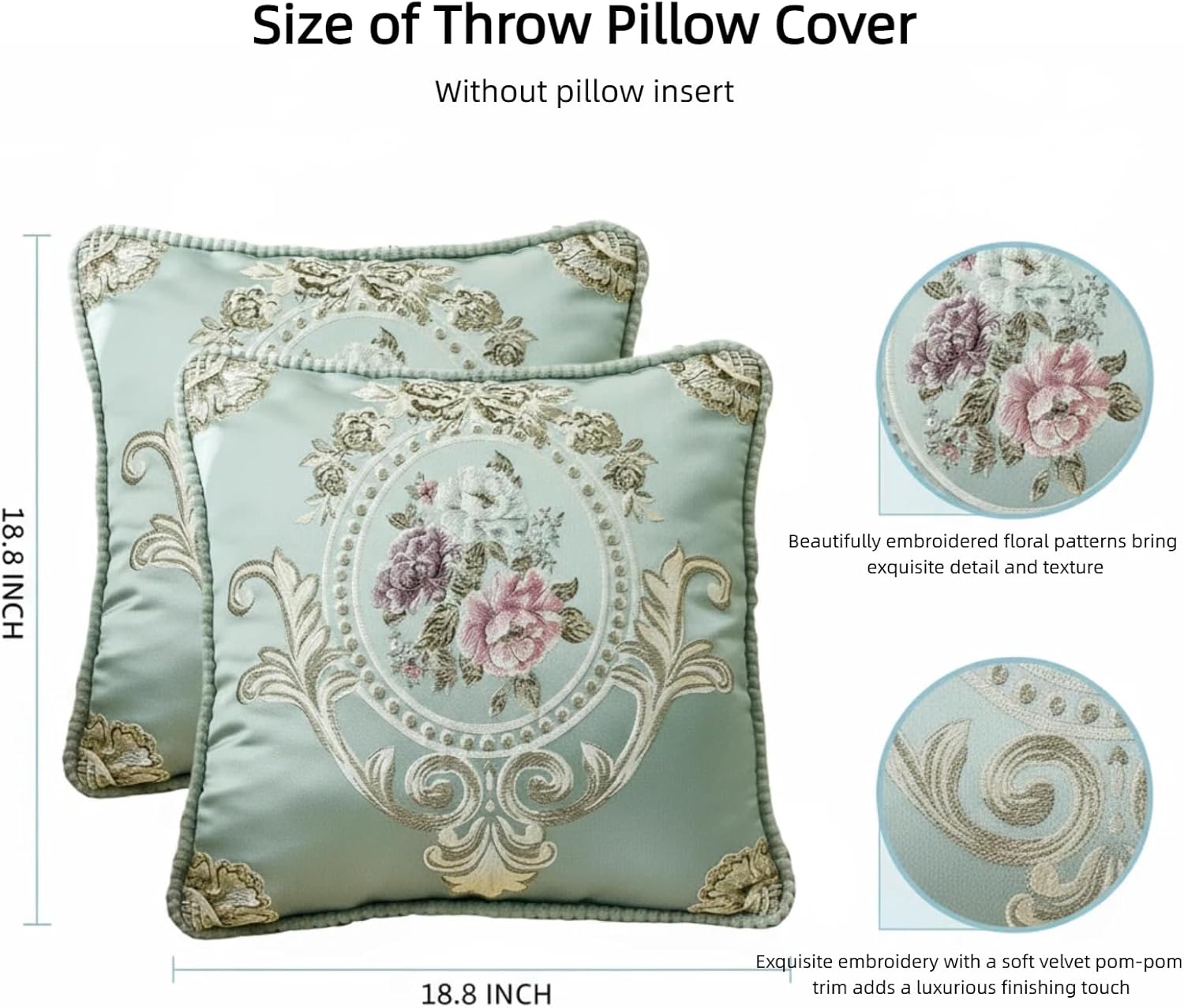 Modern Embroidered Floral Pillow Covers 18.8x18.8 Set of 2 - Decorative Soft Polyester Cushion Case with Hidden Zipper - Chic Blue Throw Pillow Covers for Sofa, Bedroom, Living Room Decor