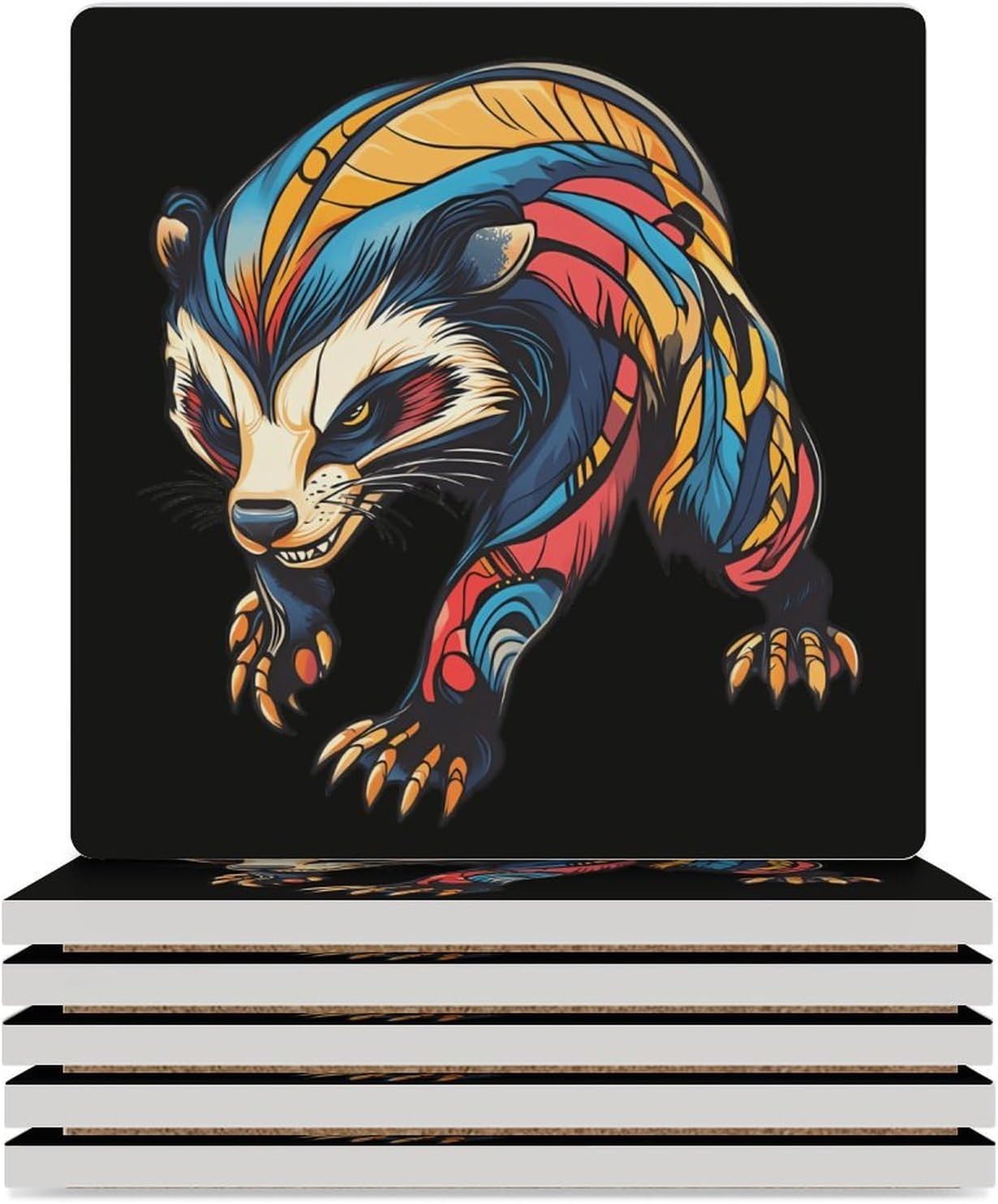Colorful Aggressive Badger Funny Ceramic Coasters for Drinks Absorbent Cup Holder Tabletop Protector with Cork Base