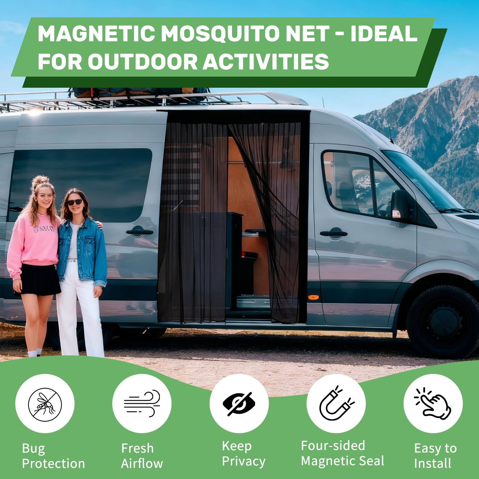 Moustiquaire magnétique pour Van, Universelle Moustiquaire pour Porte latérale Filet d'ombrage de Porte Latérale Camping für Mercedes Vito, Volkswagen Transporter und California (150x110cm)