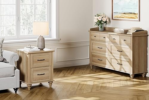 Miniatura 9 de WAMPAT Mesitas de noche para dormitorio, juego de 2 mesas auxiliares con estación de carga, mesita de noche de madera con 2 cajones, mesa auxiliar