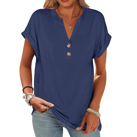 ANRABESS Womens Short Sleeve Henley Tops V Neck Dressy Casual Blouses Summer Trendy Tee Shirts 2026 Vacation Fashion Clothes