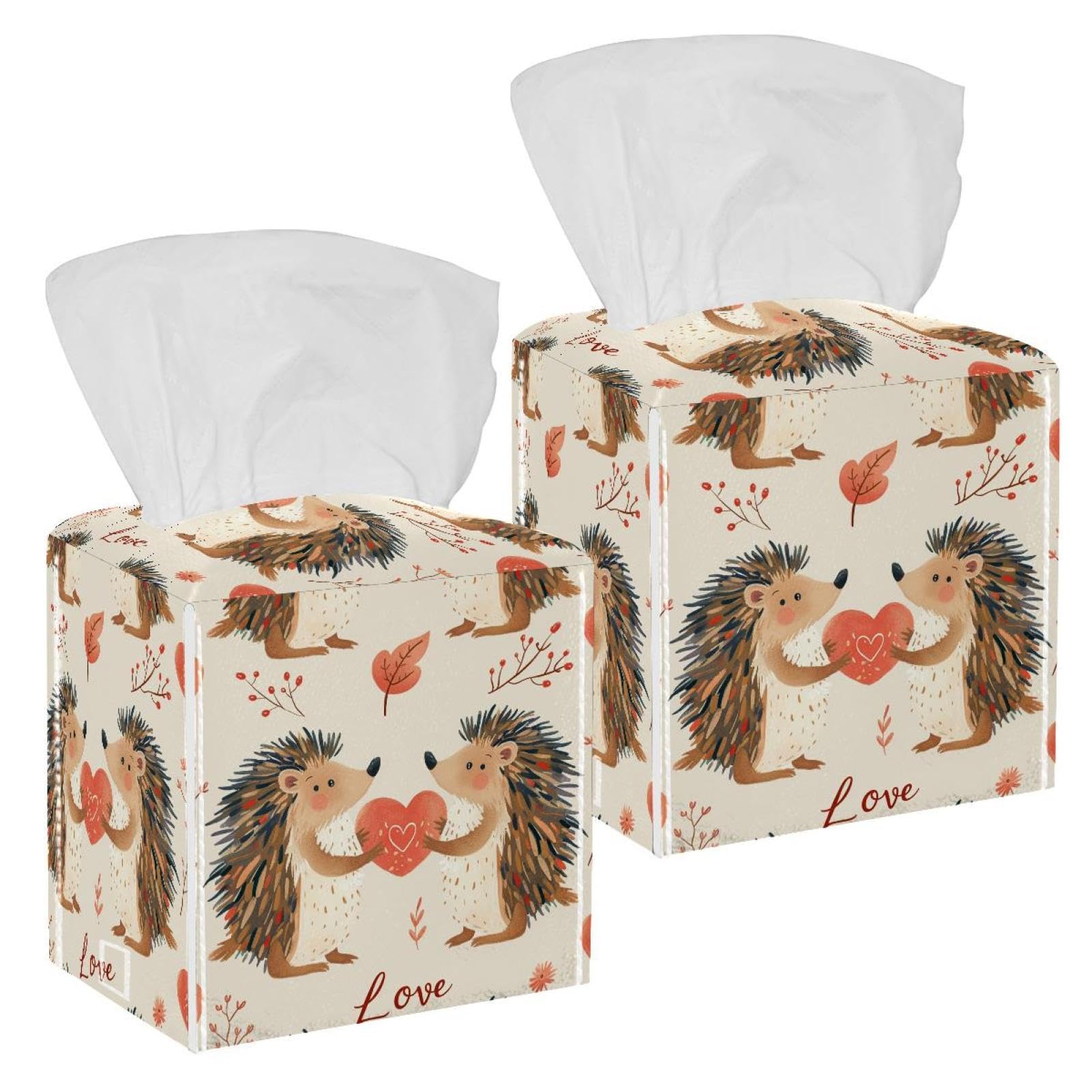 Hedgehog Tissue Box Cover, 2 Pack PU Leather Square Facial Tissue Dispenser Box holder for Home Office Car
