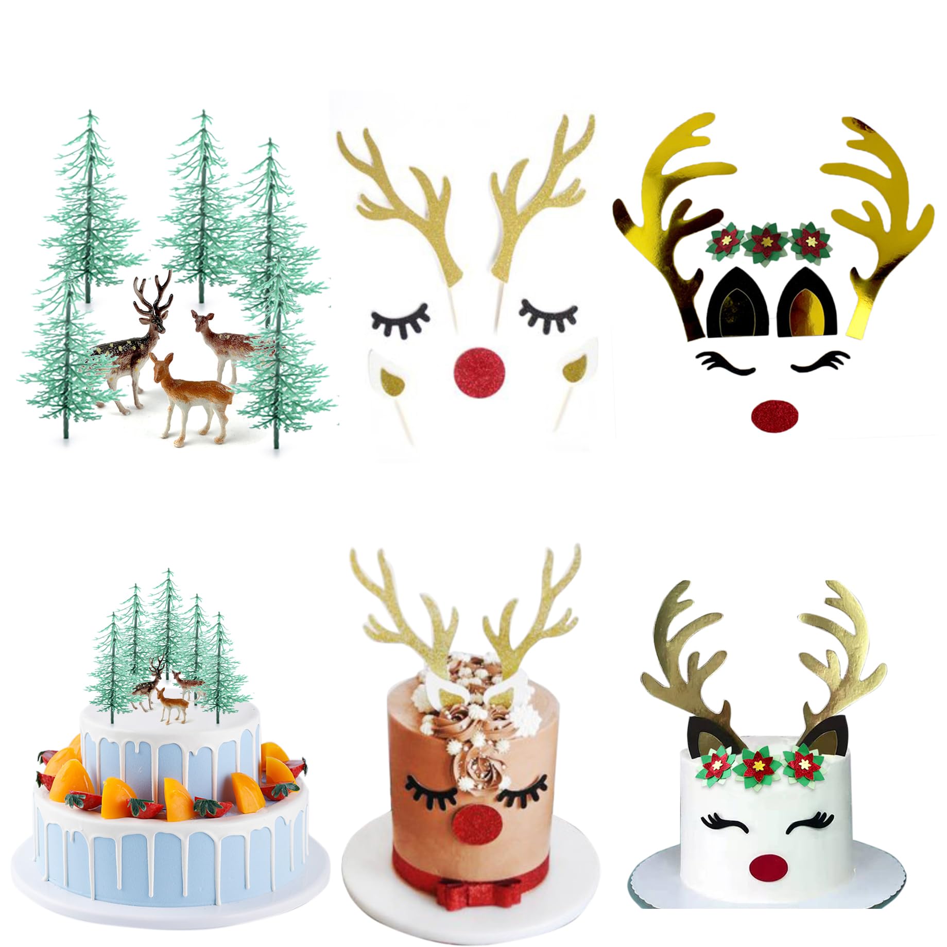 Forest Theme Cake Decoration - Reindeer Antlers, Rabbit with Eyelashes, Nose & Ears - Easter, Christmas, Halloween Party Decoration Supplies
