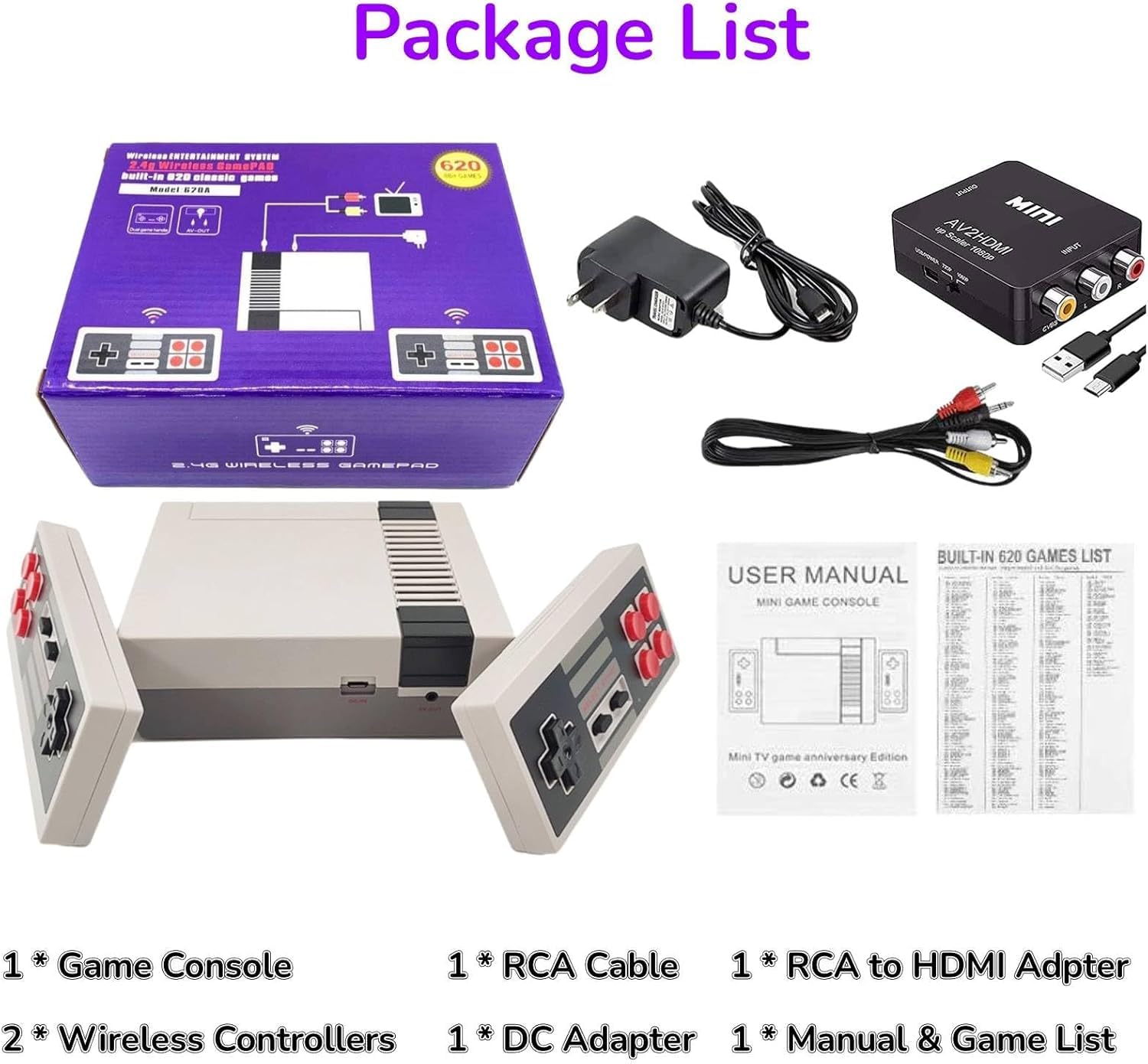 Mini consola de juegos retro clásica, salida AV y HDMI, sistema de juego de mano con controladores inalámbricos duales, Plug and Play (wh02).