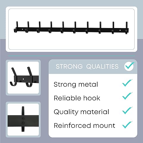 Miniatura 3 de Perchero de pared negro mate con 10 ganchos dobles para colgar, ganchos rústicos de acero inoxidable SUS304 de 30 pulgadas, para sombrero, ropa,