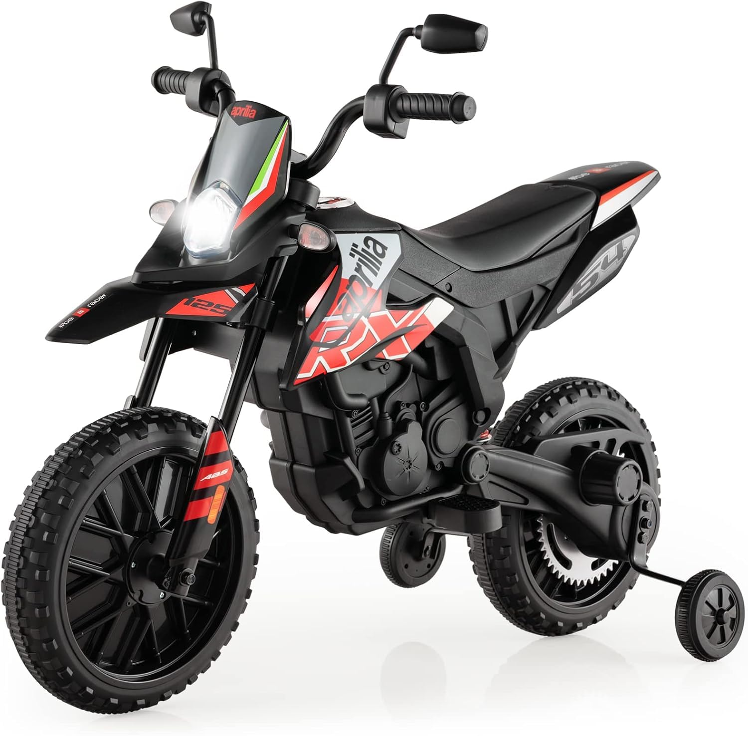 FANTASK Aprilia 12V Motocicleta Eléctrica Infantil 5,5-6 km/h, Motocicleta Infantil con Estabilizadores y Música y Faros, Rojo y Negro Motocicleta para Niños de 3 a 8 Años, Rojo