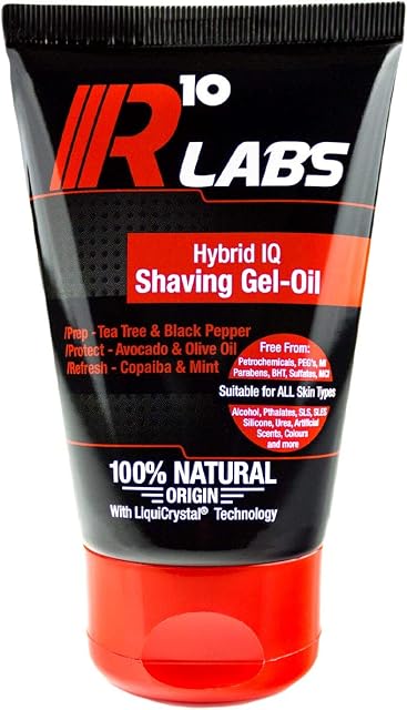 R10 labs Hybrid IQ Shaving Gel - Oil - 100% Natural Men's Non-Foaming Shaving Gel with extracts of Tea Tree & Black Pepper and Protective Avocado & Olive Oil - 125ml