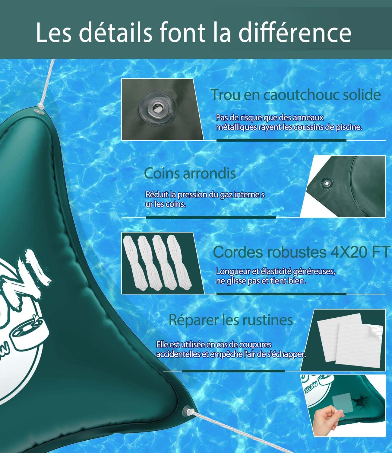 Angooni Coussin de piscine d'hiver 200 x 450 cm XXL | Coussin d'air pour piscine avec double couture pour couverture de piscine | Coussin de piscine pour l'hiver avec valve Boston double inflation |