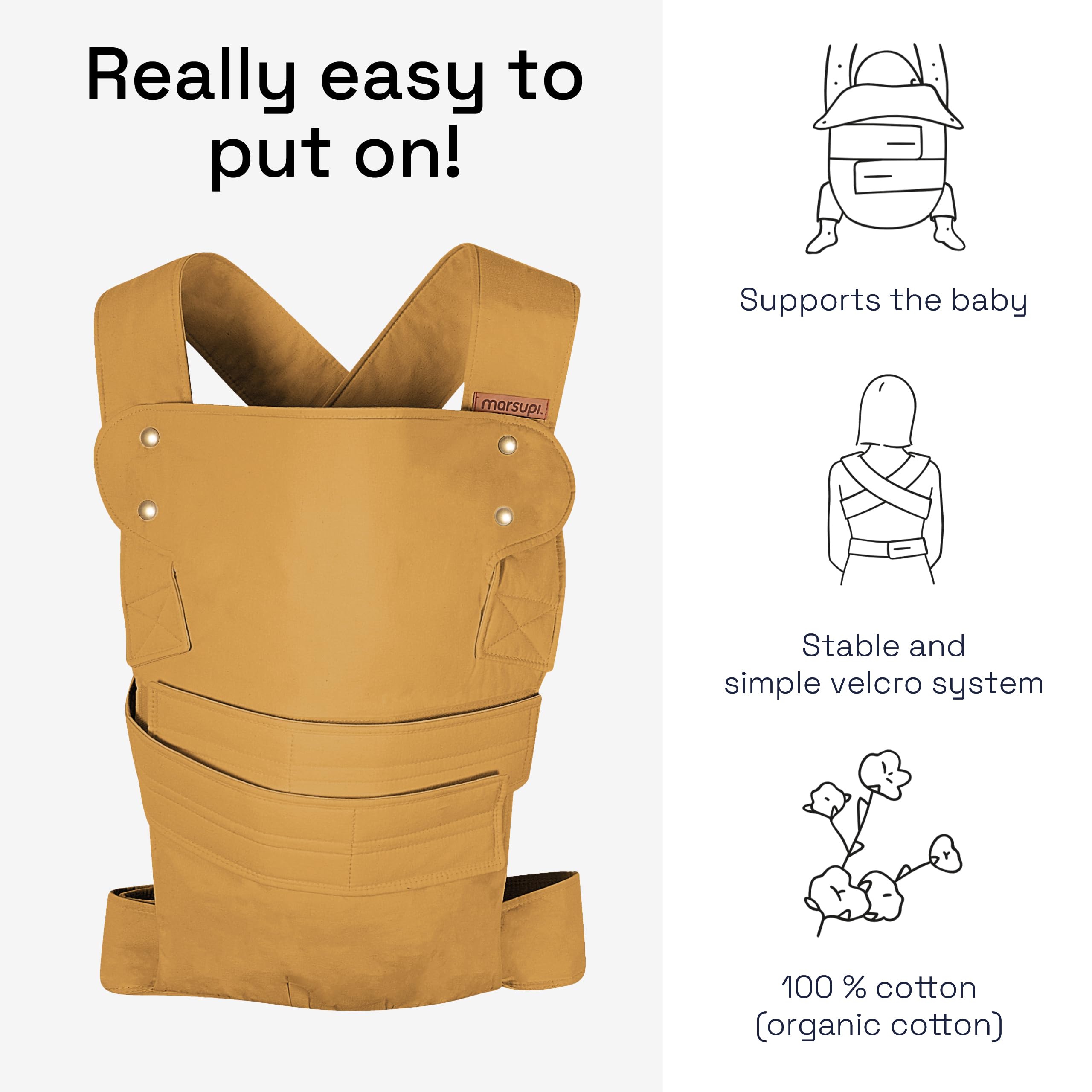 marsupi Mochila Portabebés - Para Bebés desde Recién Nacidos y Niños Hasta los 15 kg - Ligera y Compacta, Con Sistema de Sujeción Fácil y Resistente - Algodón Orgánico - Caramelo XL