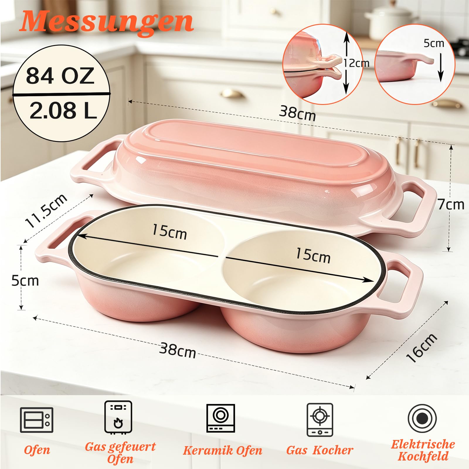 LINMAGCO Emaillierte Brotbackform aus Gusseisen, Brotbackform mit Deckel inkl, zwei runde Backfächer, Dutch Oven mit Deckel, Ofenfeste Handwerker Brotbackform, Gusseisen(Rosa)