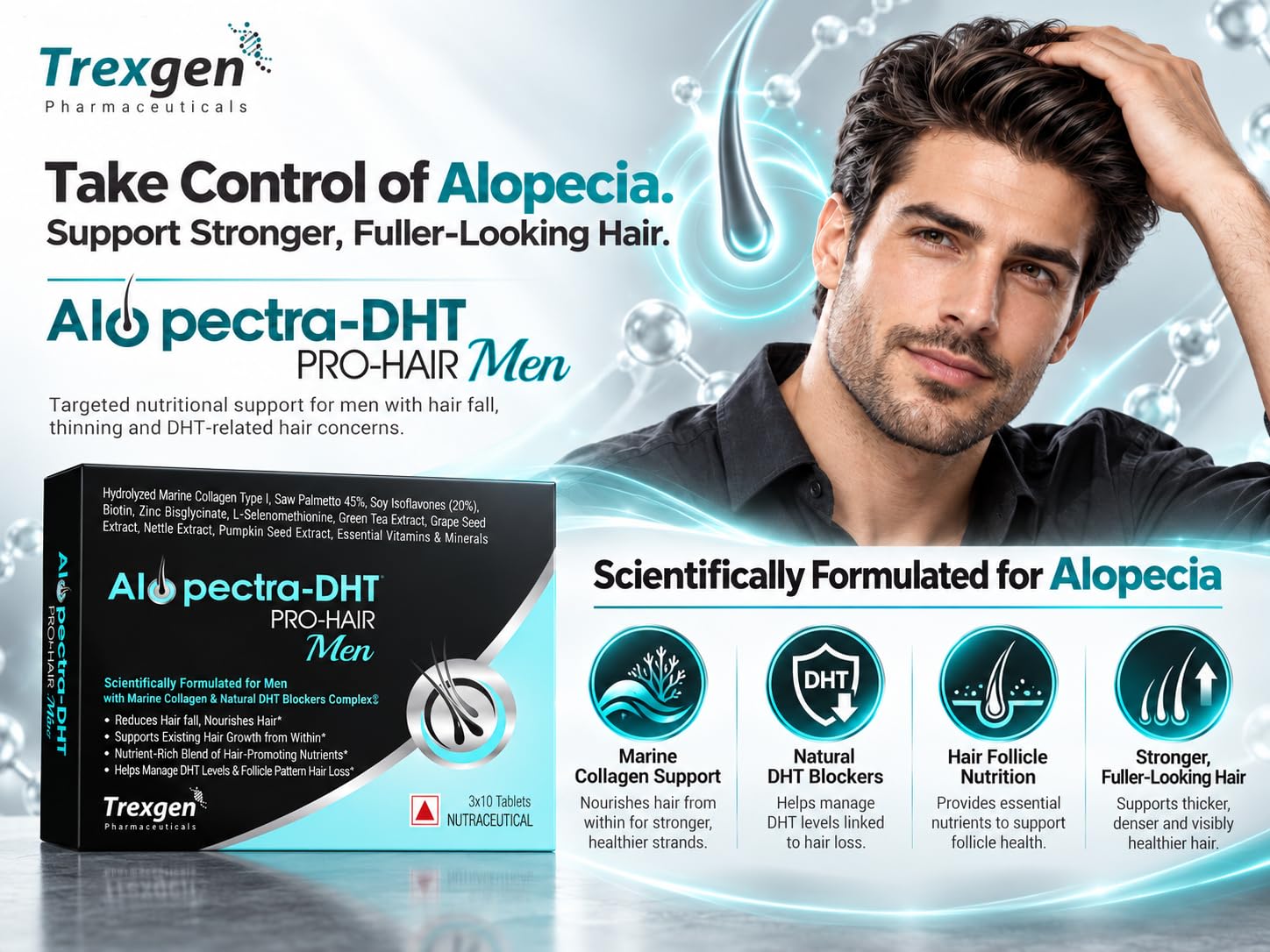 Trexgen Alopectra-DHT Pro-Hair Men Tablets | Marine Collagen, Saw Palmetto, Soy Isoflavones, Stinging Nettle, Biotin, Zinc & Selenium | DHT Support, Hair Fall Control & Hair Wellness for Men | 30 x 2 = 60 Tablets — Amazon image 3