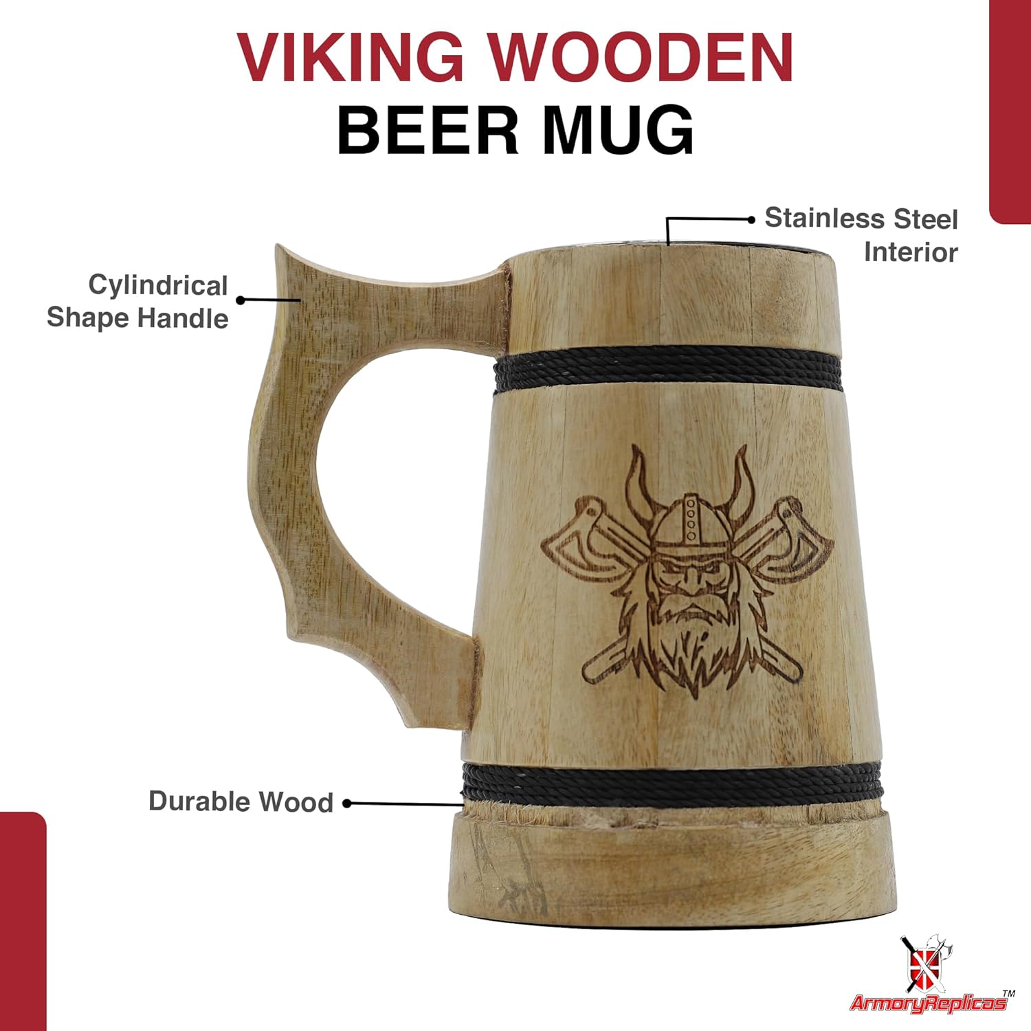 Armory Replicas™ "Authentic Mango Wood Tankard with Stainless Steel Interior - Medieval-Inspired 1 Pint Beer Mug - Classic Cylindrical Design for Ale, Mead & Themed Events