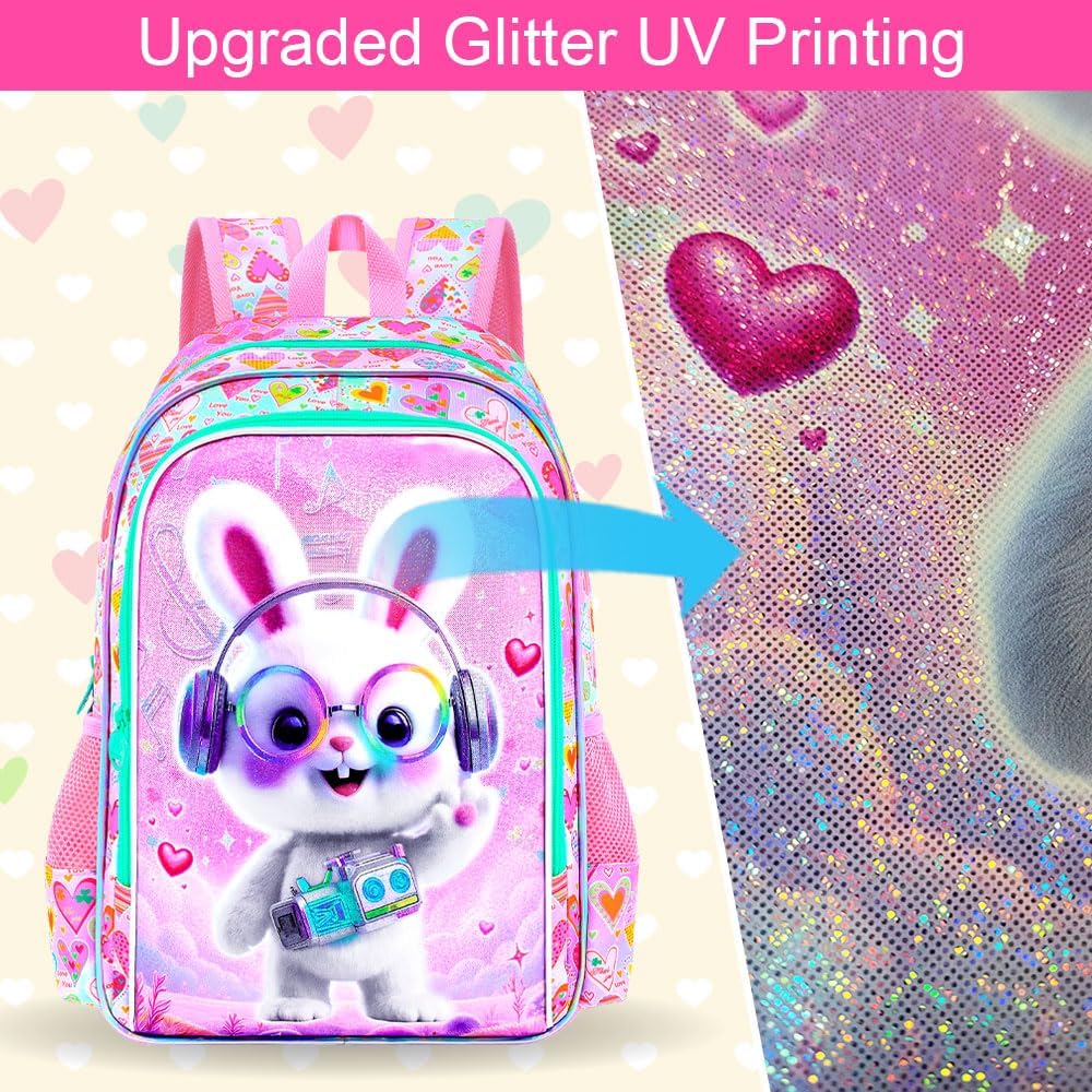 AGSDON 3PCS Backpack for Girls, 16" Little Kids Rabbit Preschool Bookbag, Elementary Backpacks and Lunch Box - Purple - Image 8