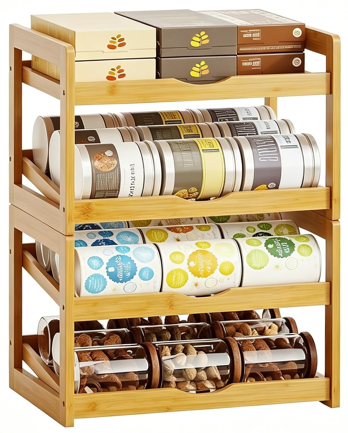 BAMBANG Organizador de latas para despensa, estante de almacenamiento de latas apilable de bambú desmontable de 4 niveles, dispensador de latas de refresco rodante para gabinete, capacidad para hasta