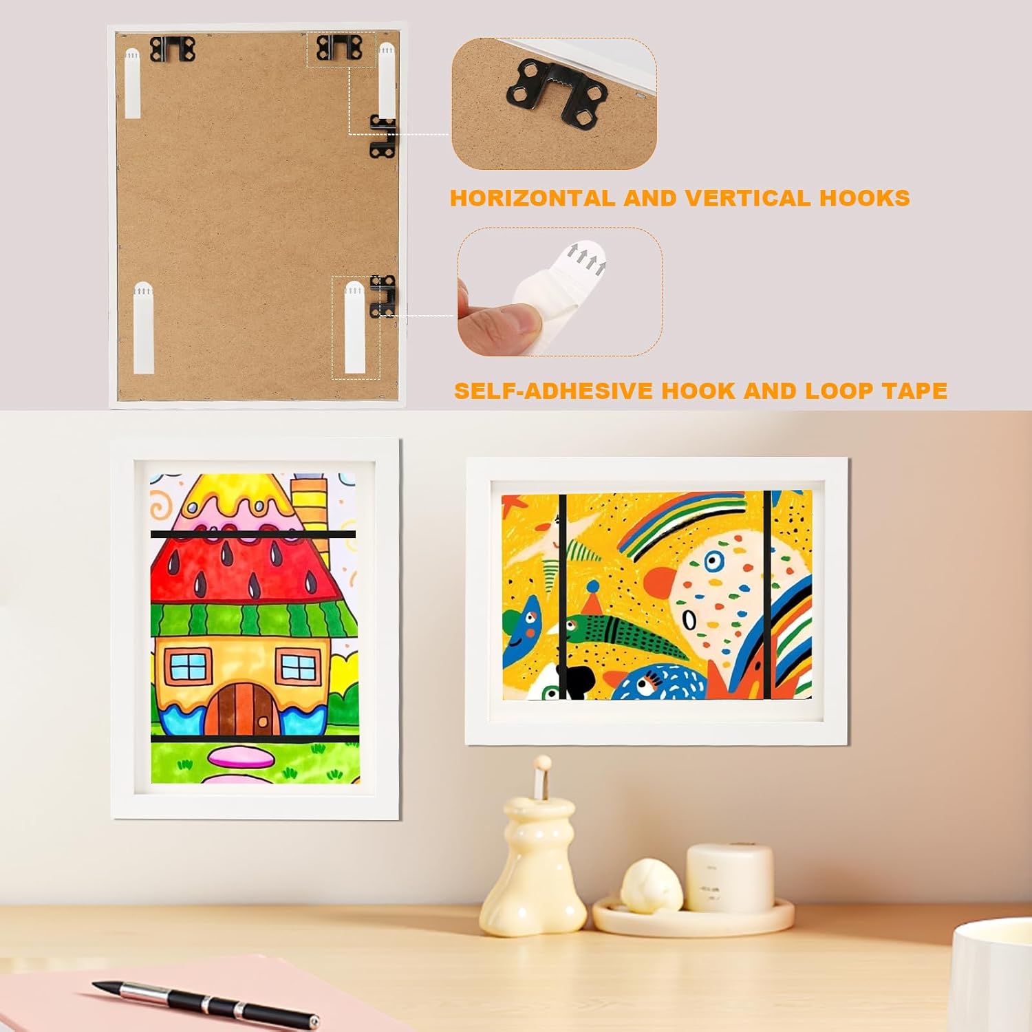 2 Pack Kids Artwork Frames Front Opening - Changeable Kids Art Frame 8.5x11 with Mat 10x12.5 without Mat, Kids Art Storage Frame Display with 24-Color Pencils & Damage-Free Reusable Hanging Strips - White