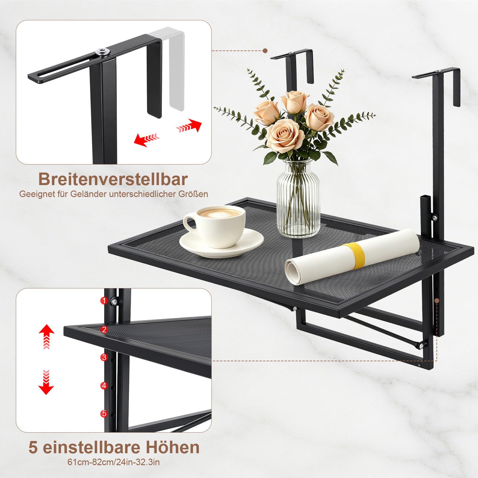 Table de balcon pliable à suspendre, réglable en hauteur, pour balustrade, 60 x 40 cm, en acier, petite table de balcon, résistante aux intempéries, table de balcon à suspendre